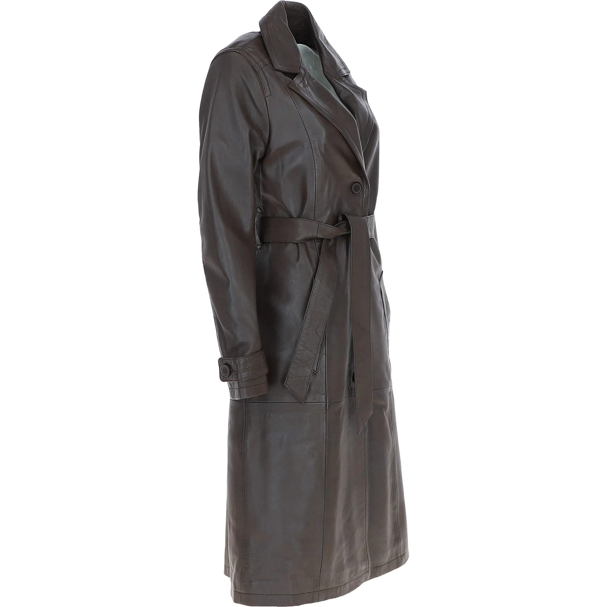 Elegant Longline Women's Leather Trench Coat with Waist Tie Navada