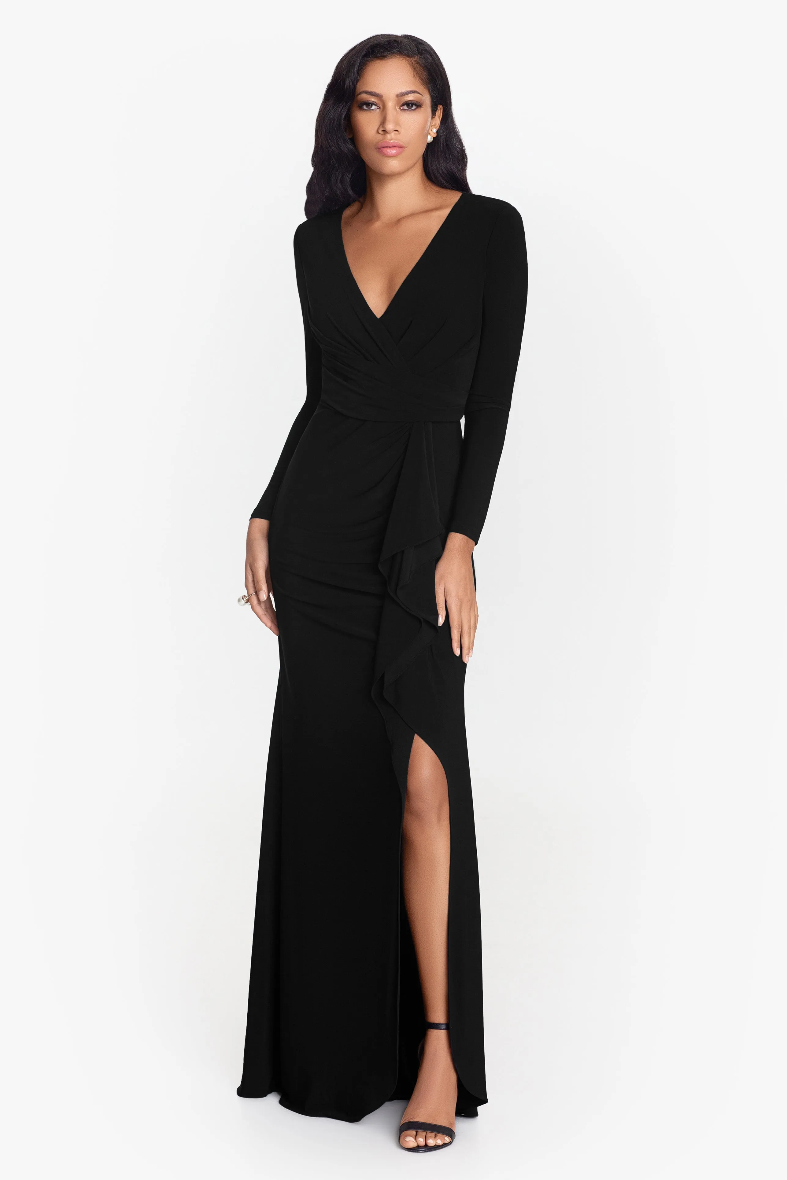 Long Sleeve Side Ruffled Slit Gown Manhattan Top