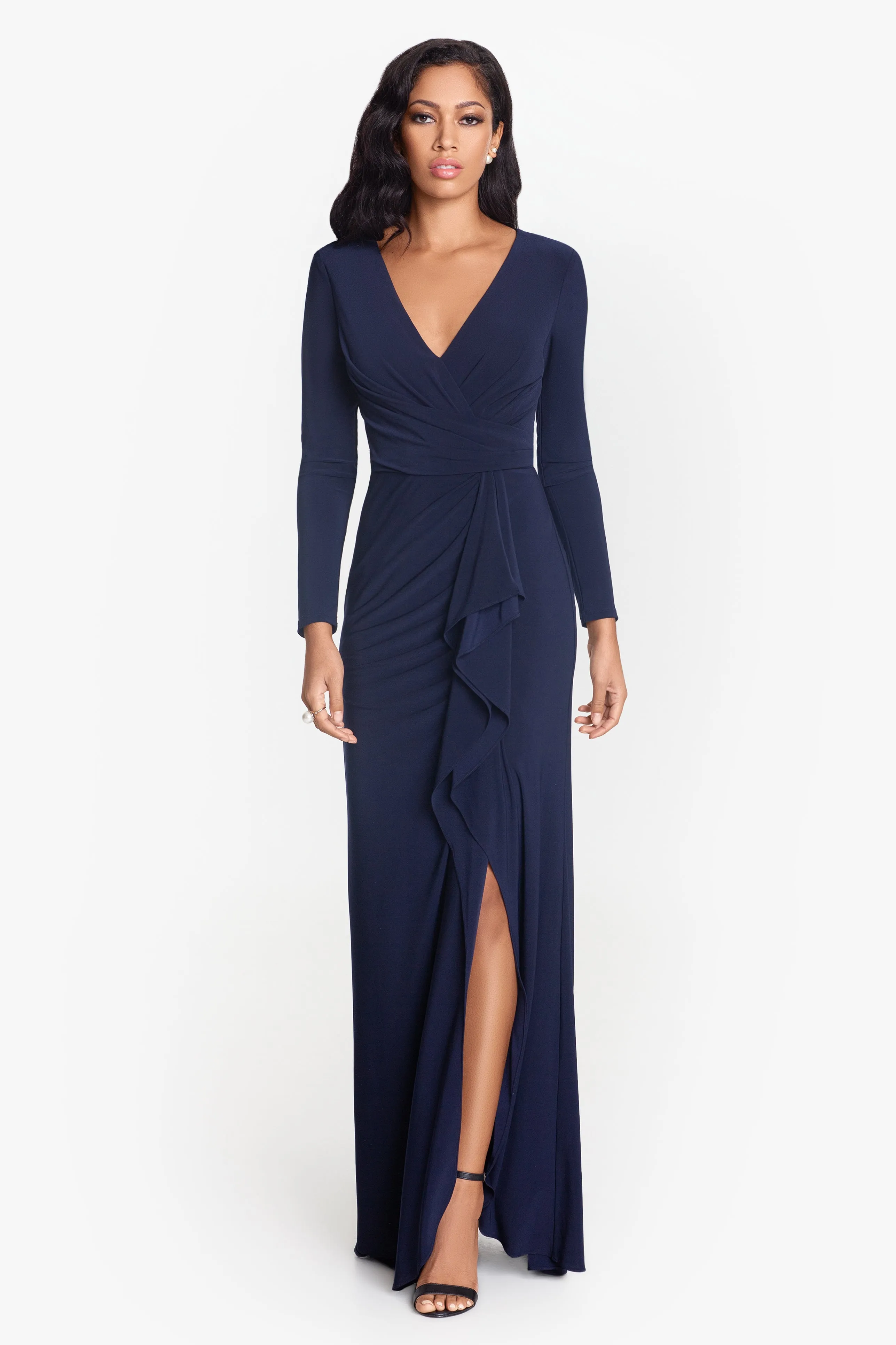 Long Sleeve Side Ruffled Slit Gown Manhattan Top