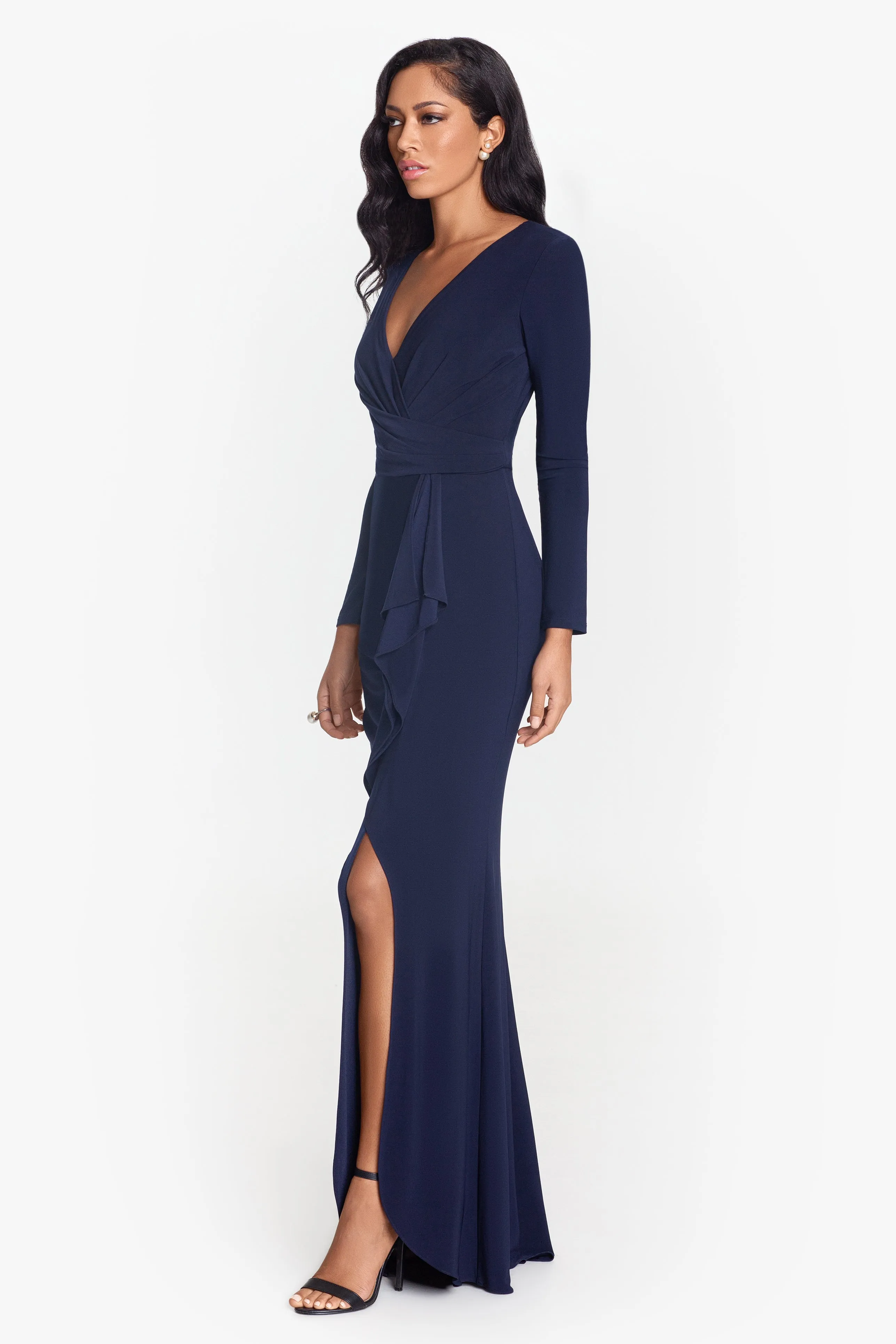 Long Sleeve Side Ruffled Slit Gown Manhattan Top