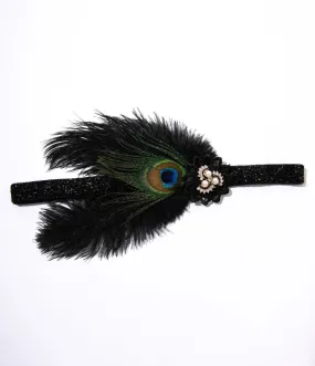 1920s Peacock Feather Pearl Gem Flapper Headband