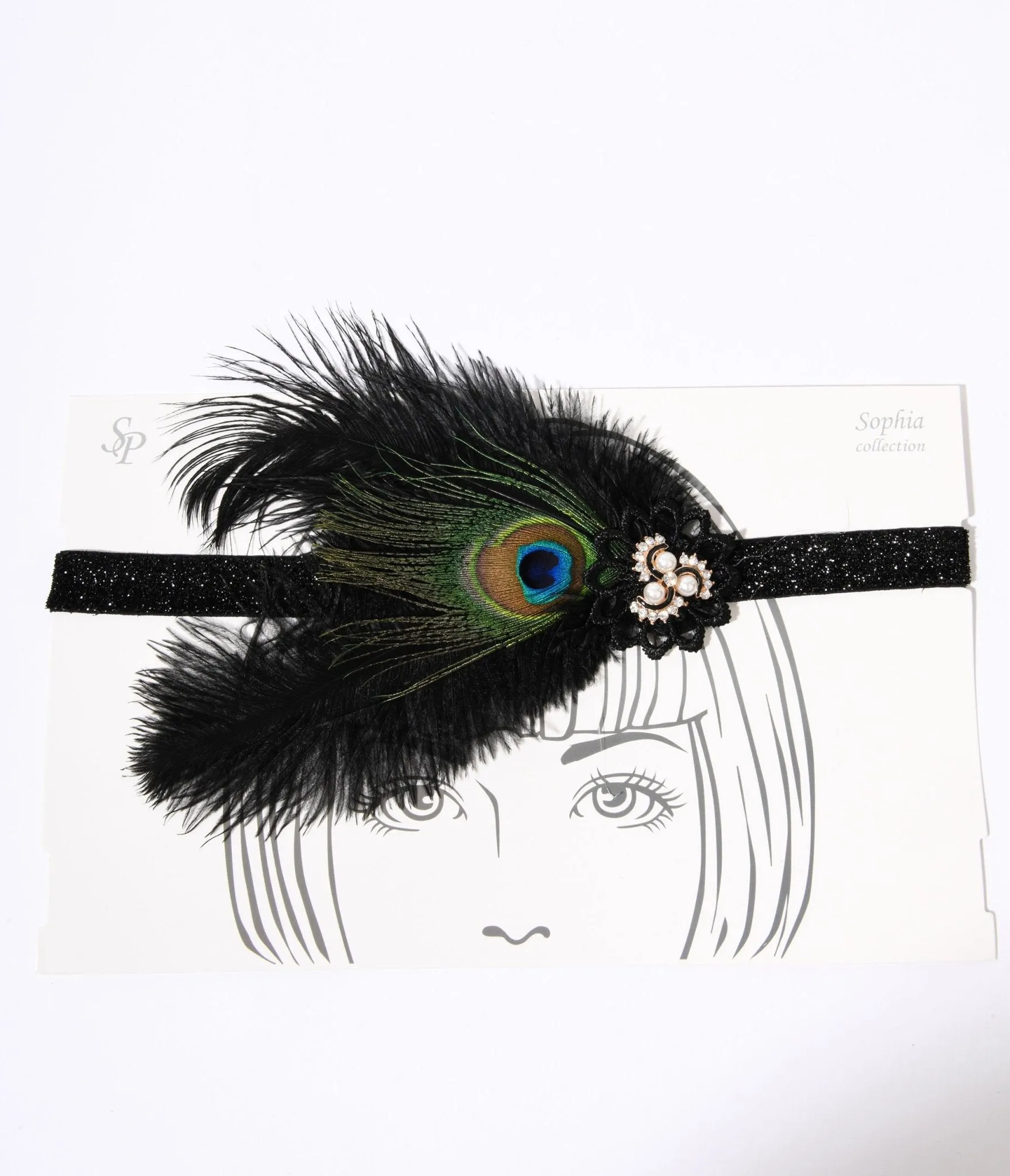 1920s Peacock Feather Pearl Gem Flapper Headband