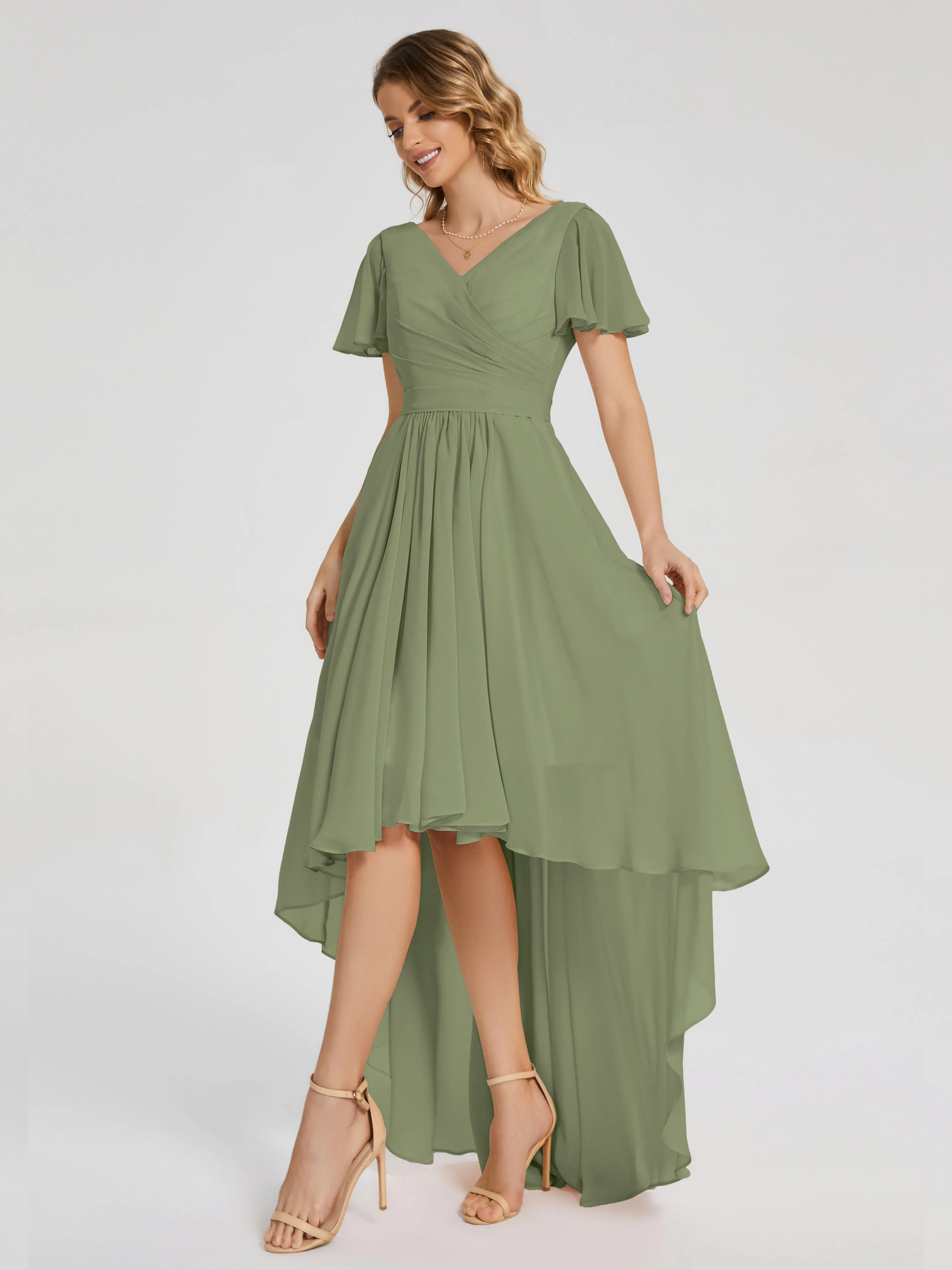 Short Sleeve Asymmetrical Chiffon Bridesmaid Dresses