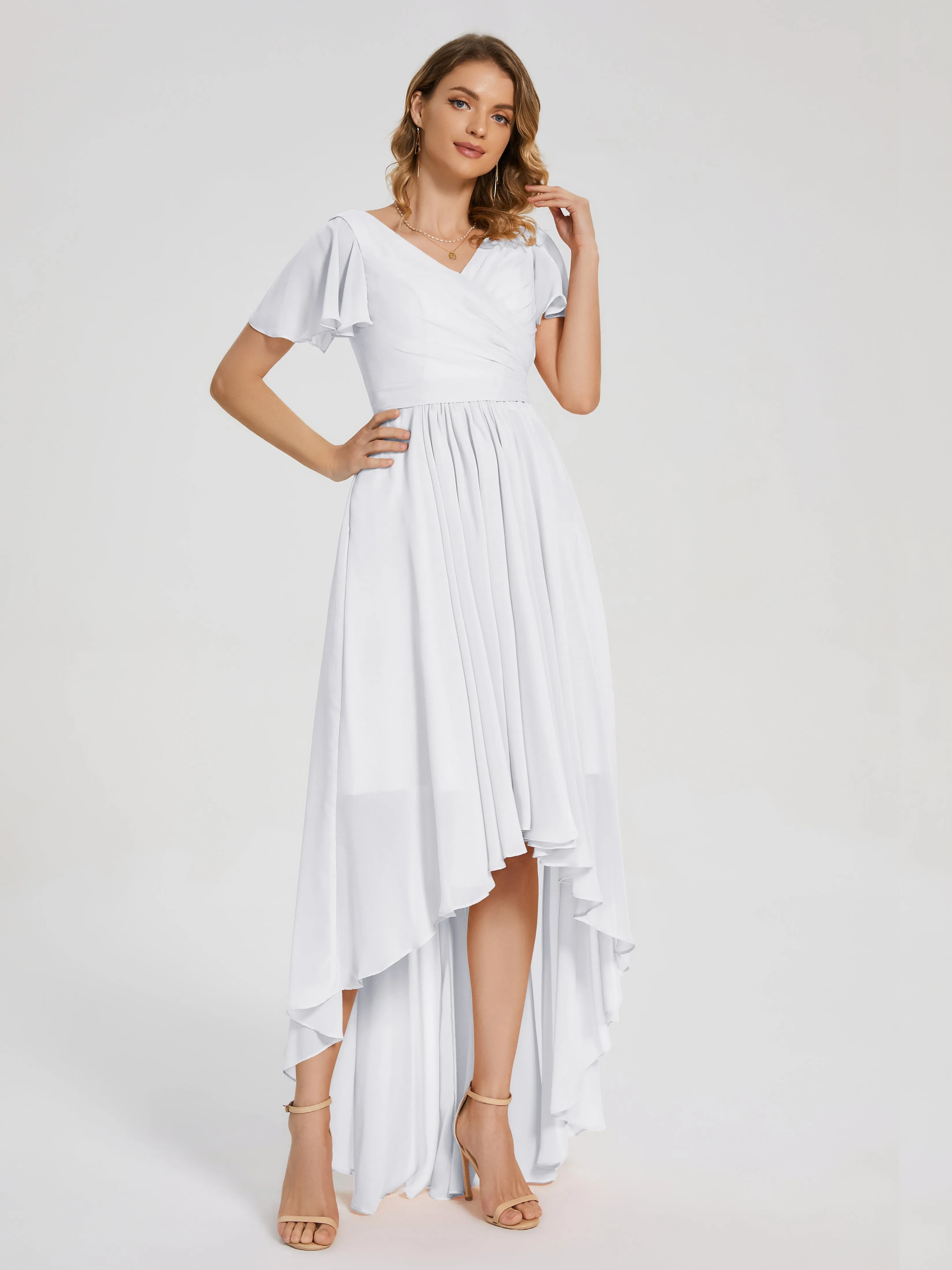 Short Sleeve Asymmetrical Chiffon Bridesmaid Dresses