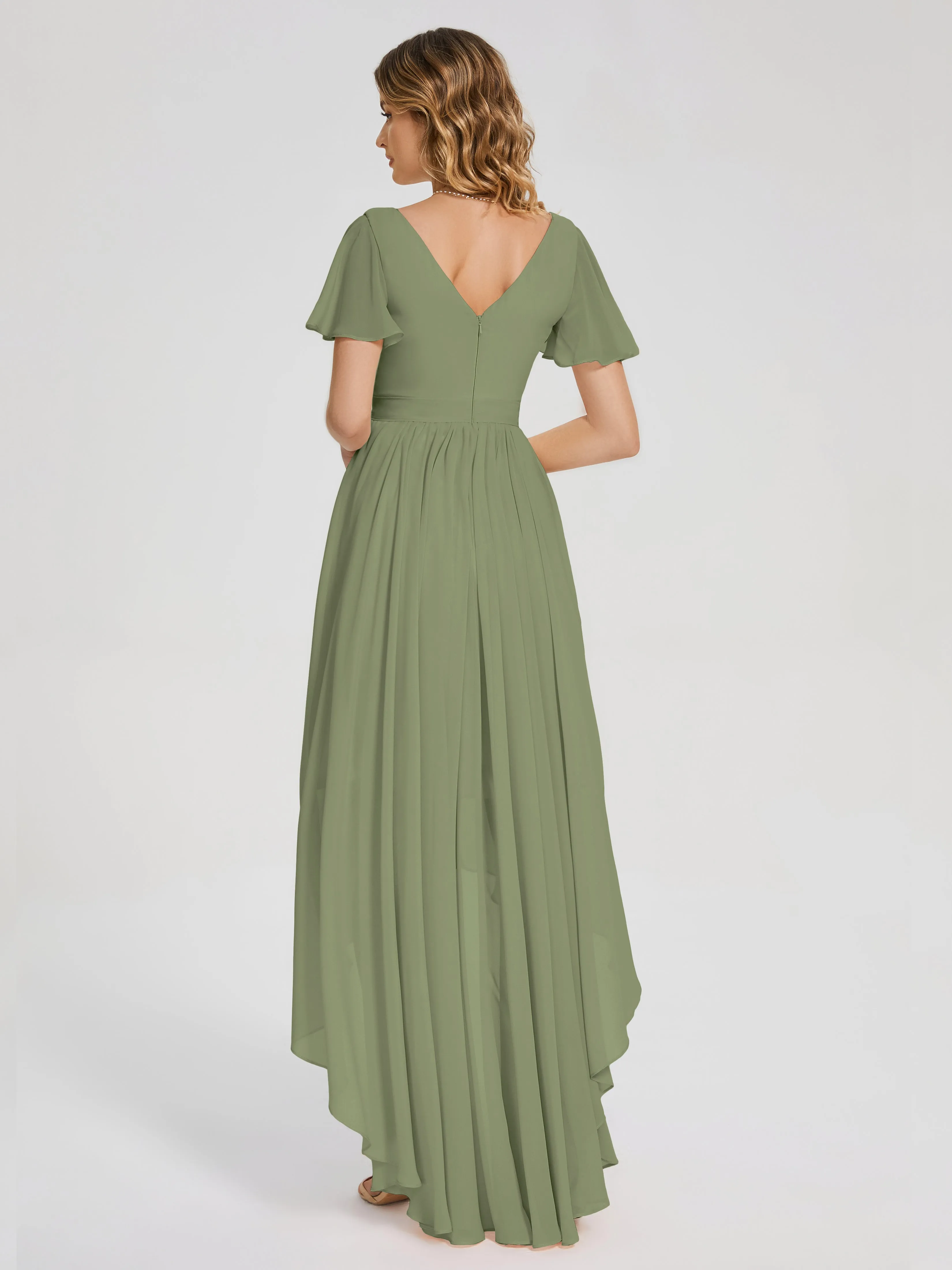 Short Sleeve Asymmetrical Chiffon Bridesmaid Dresses