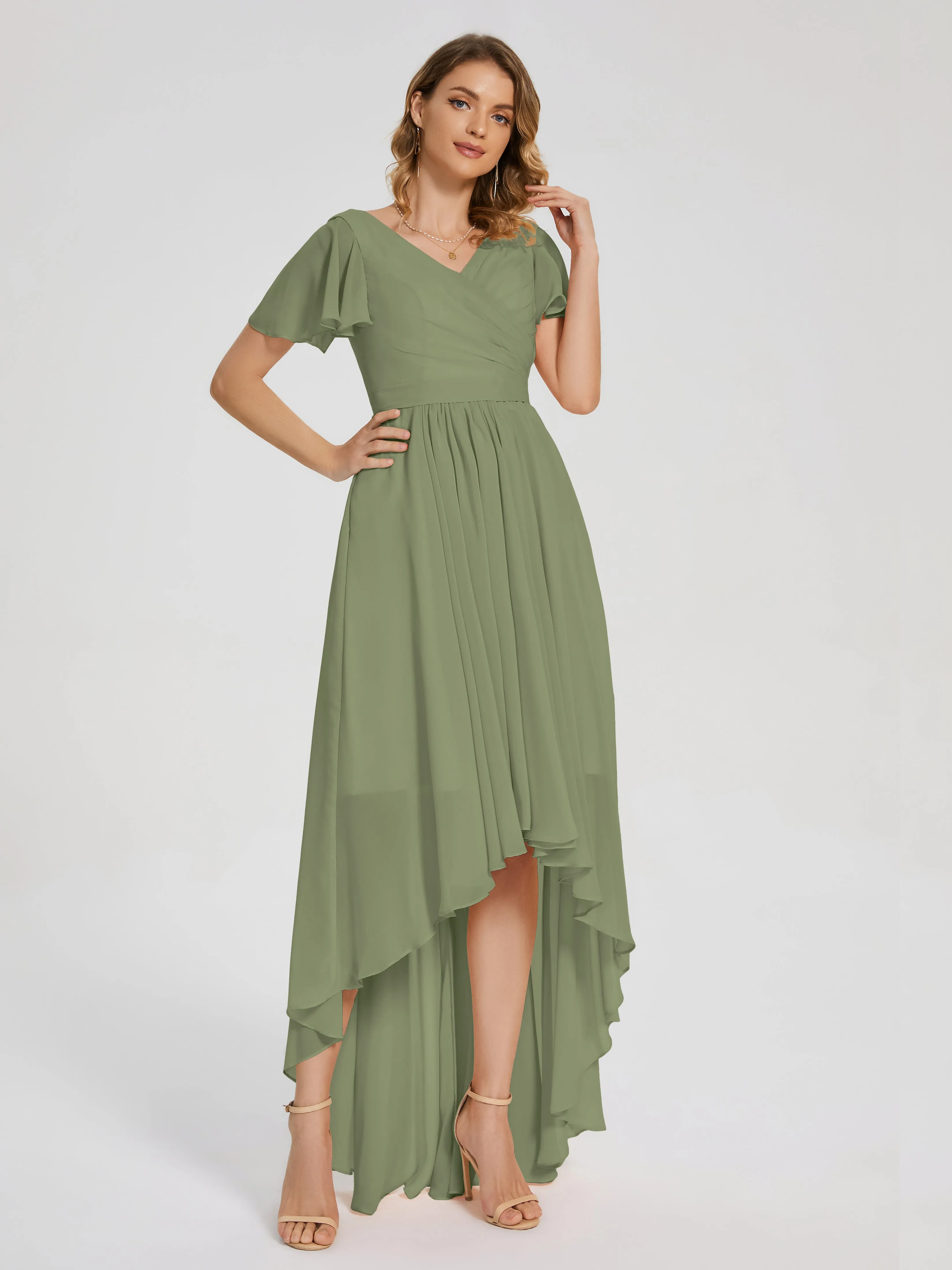 Short Sleeve Asymmetrical Chiffon Bridesmaid Dresses