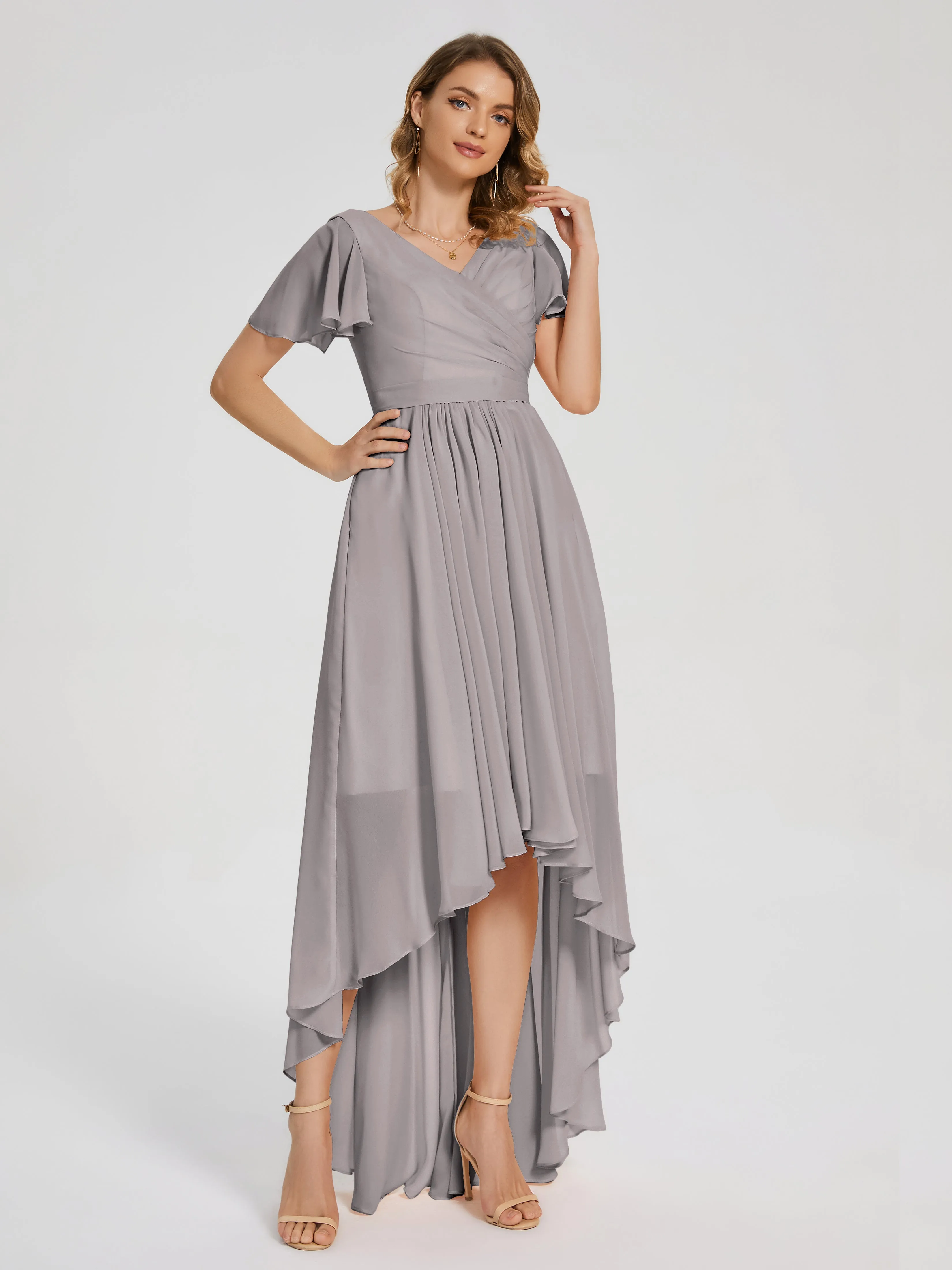 Short Sleeve Asymmetrical Chiffon Bridesmaid Dresses