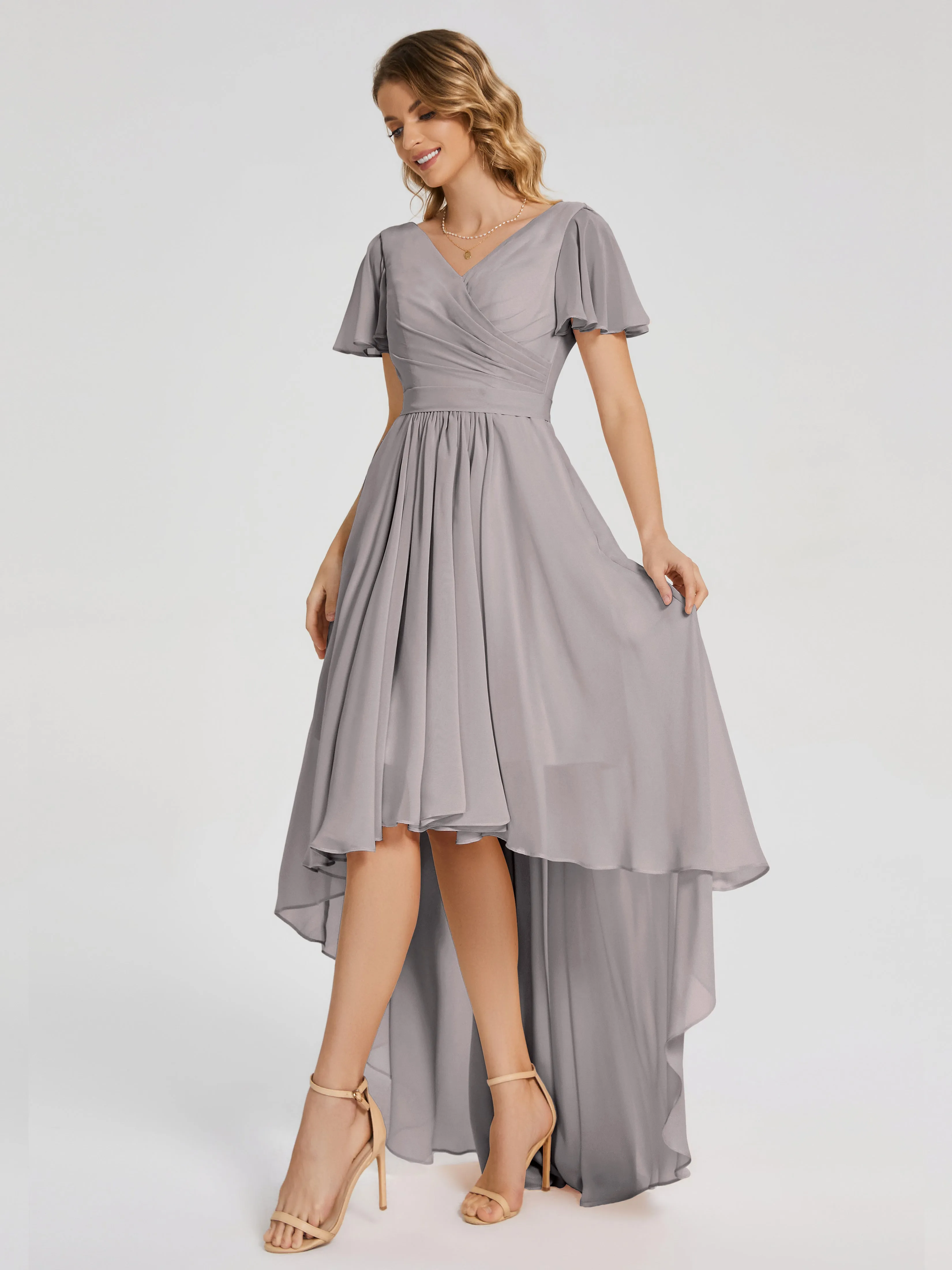 Short Sleeve Asymmetrical Chiffon Bridesmaid Dresses