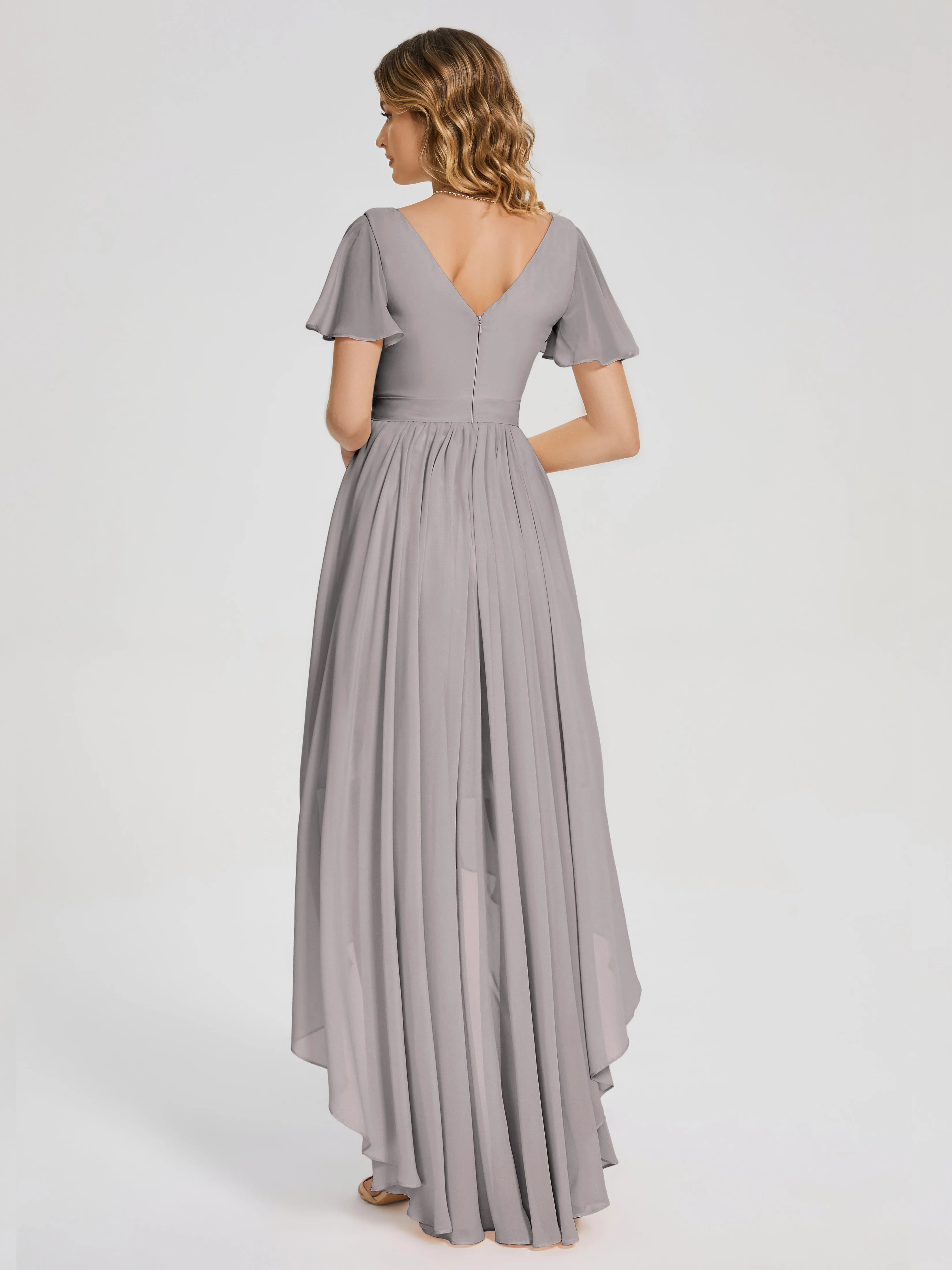 Short Sleeve Asymmetrical Chiffon Bridesmaid Dresses