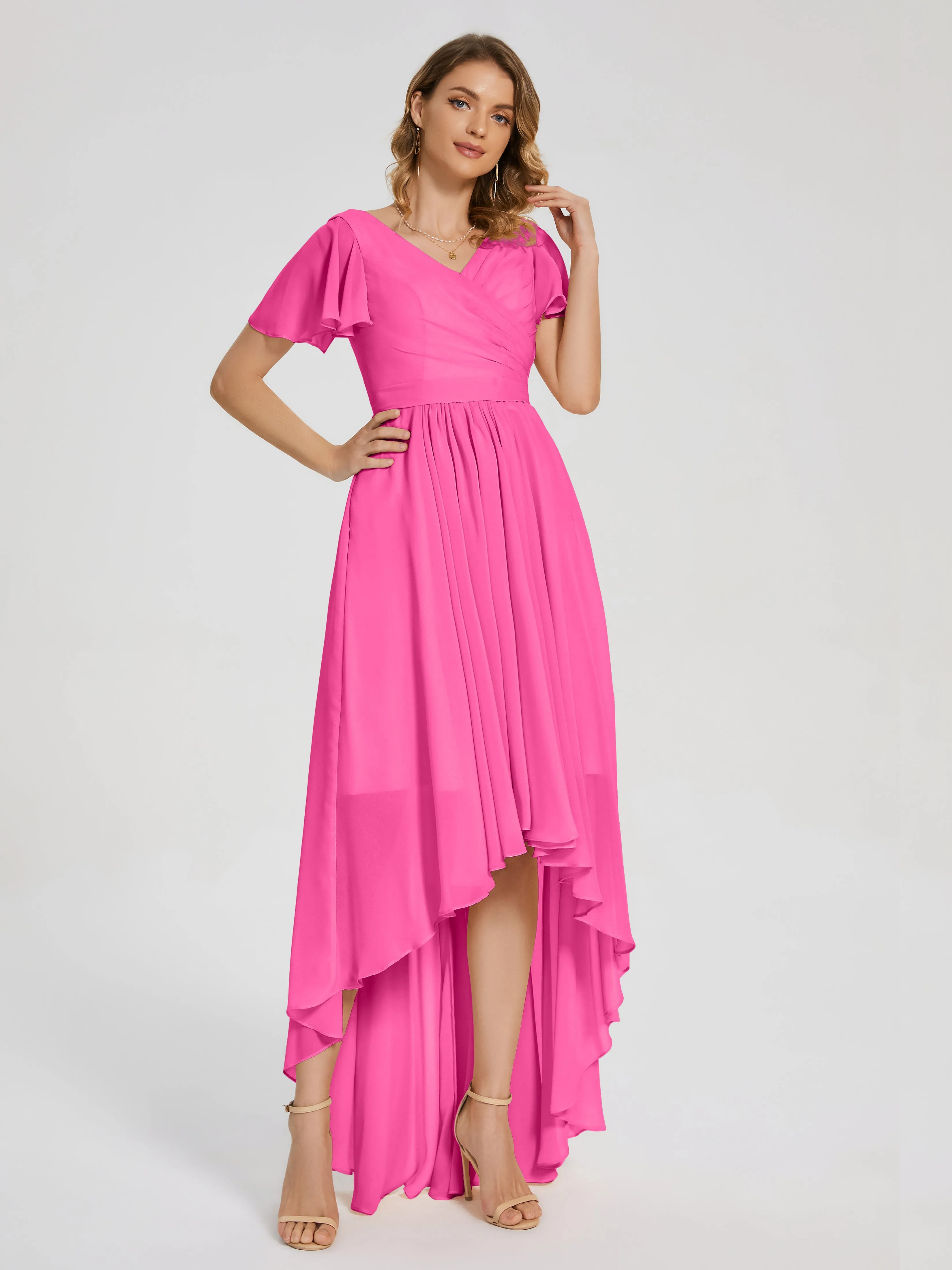 Short Sleeve Asymmetrical Chiffon Bridesmaid Dresses