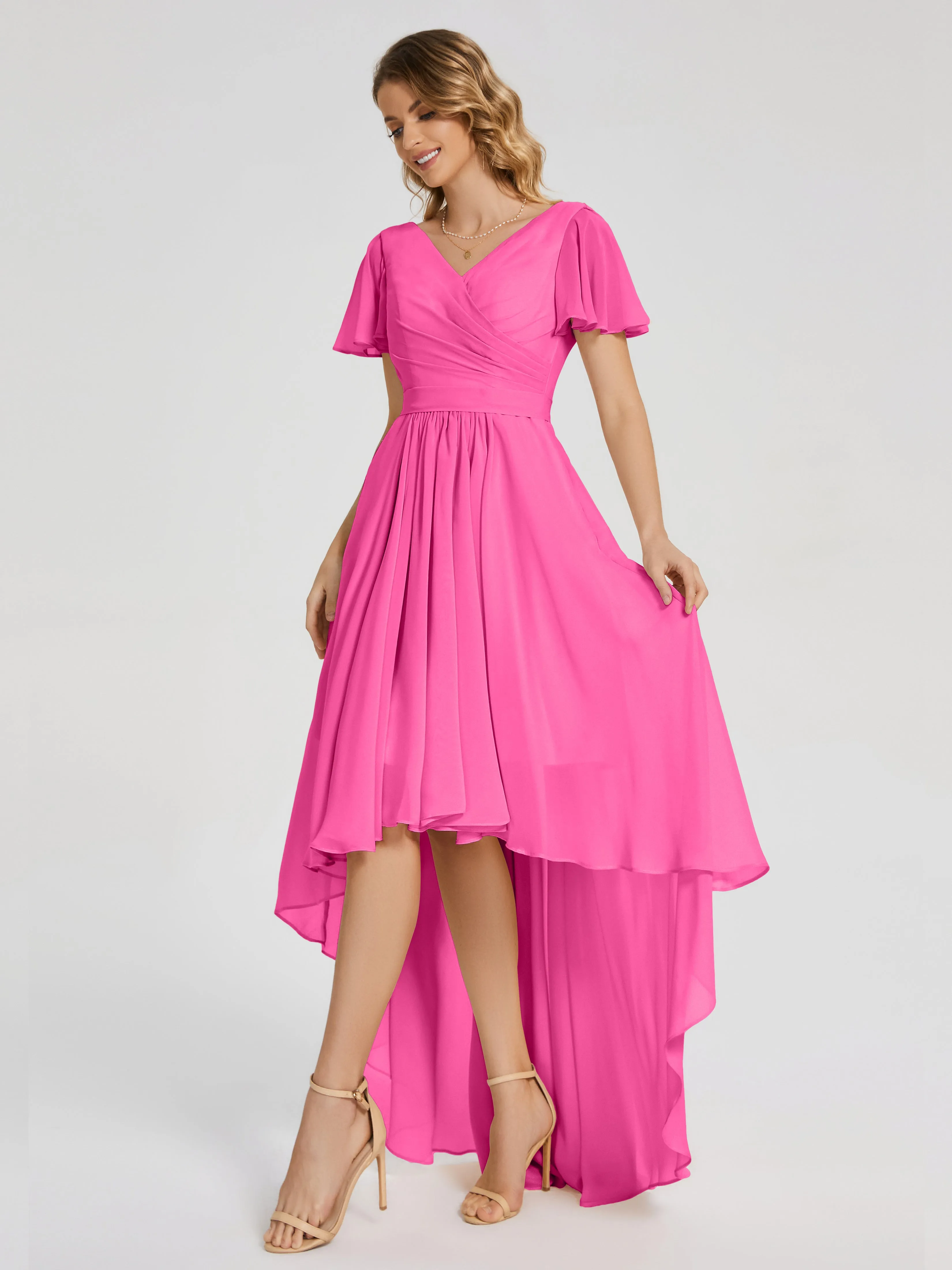 Short Sleeve Asymmetrical Chiffon Bridesmaid Dresses