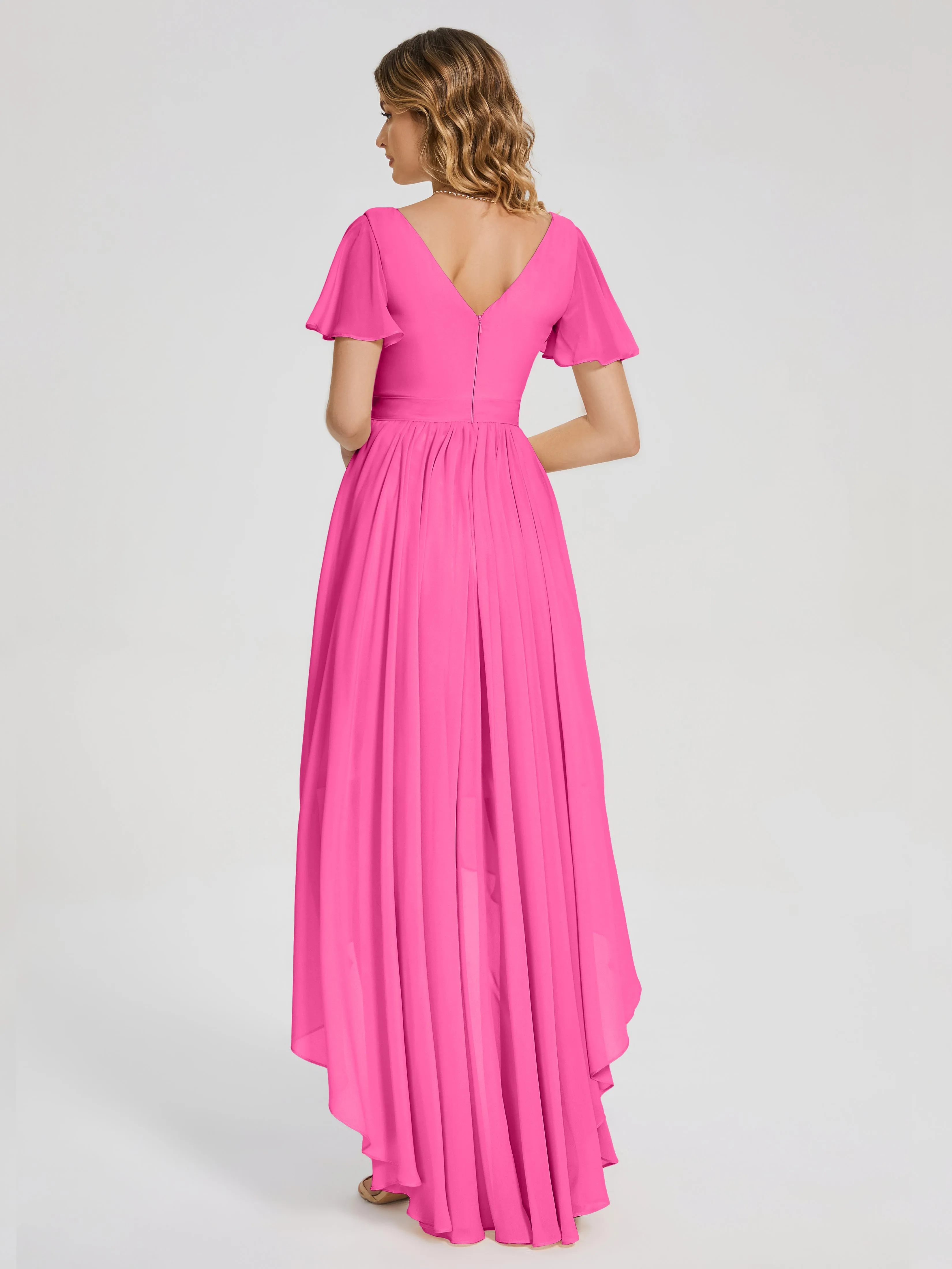 Short Sleeve Asymmetrical Chiffon Bridesmaid Dresses