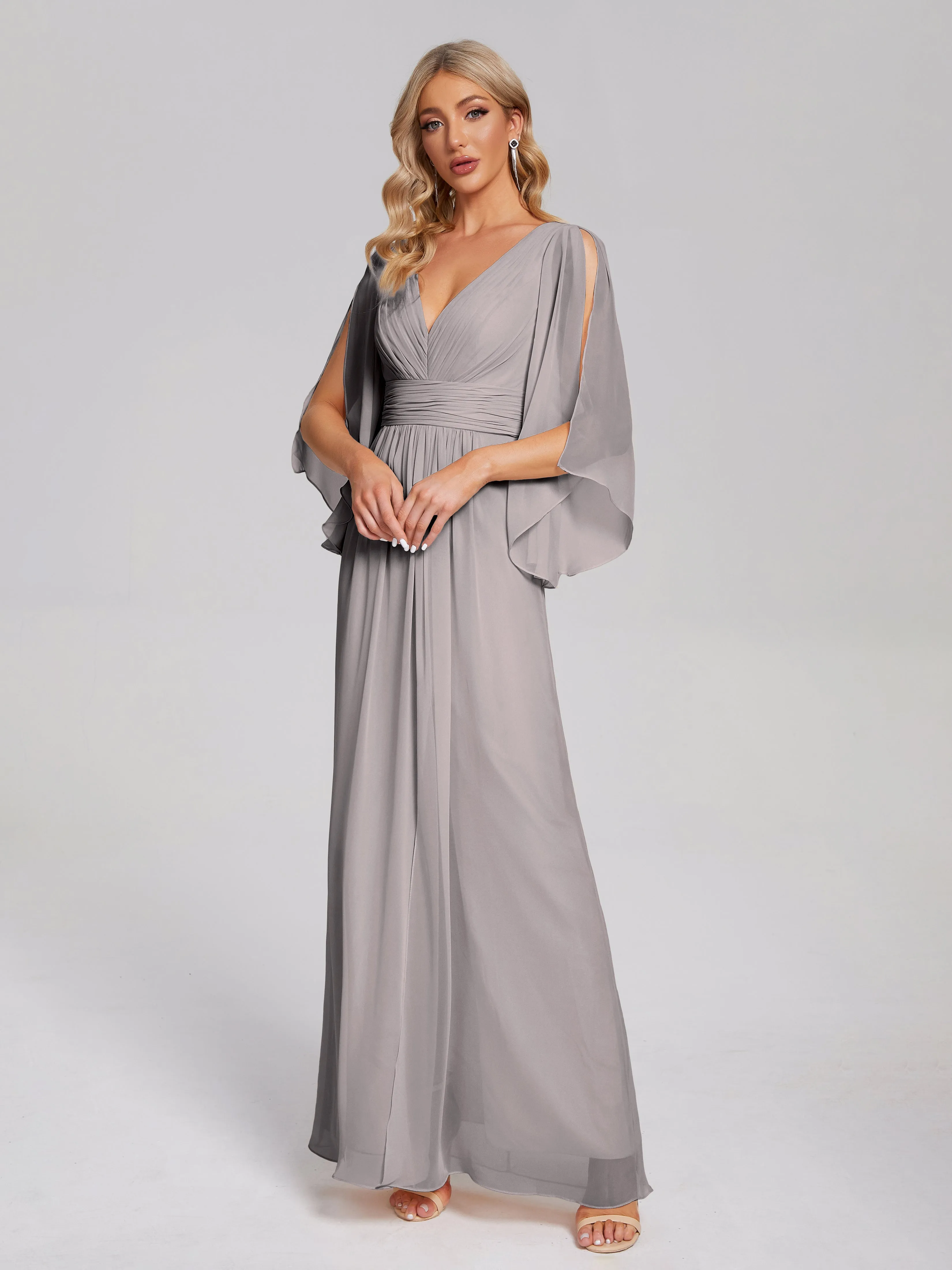 V-Neck Half Sleeve Slit Chiffon Bridesmaid Dresses