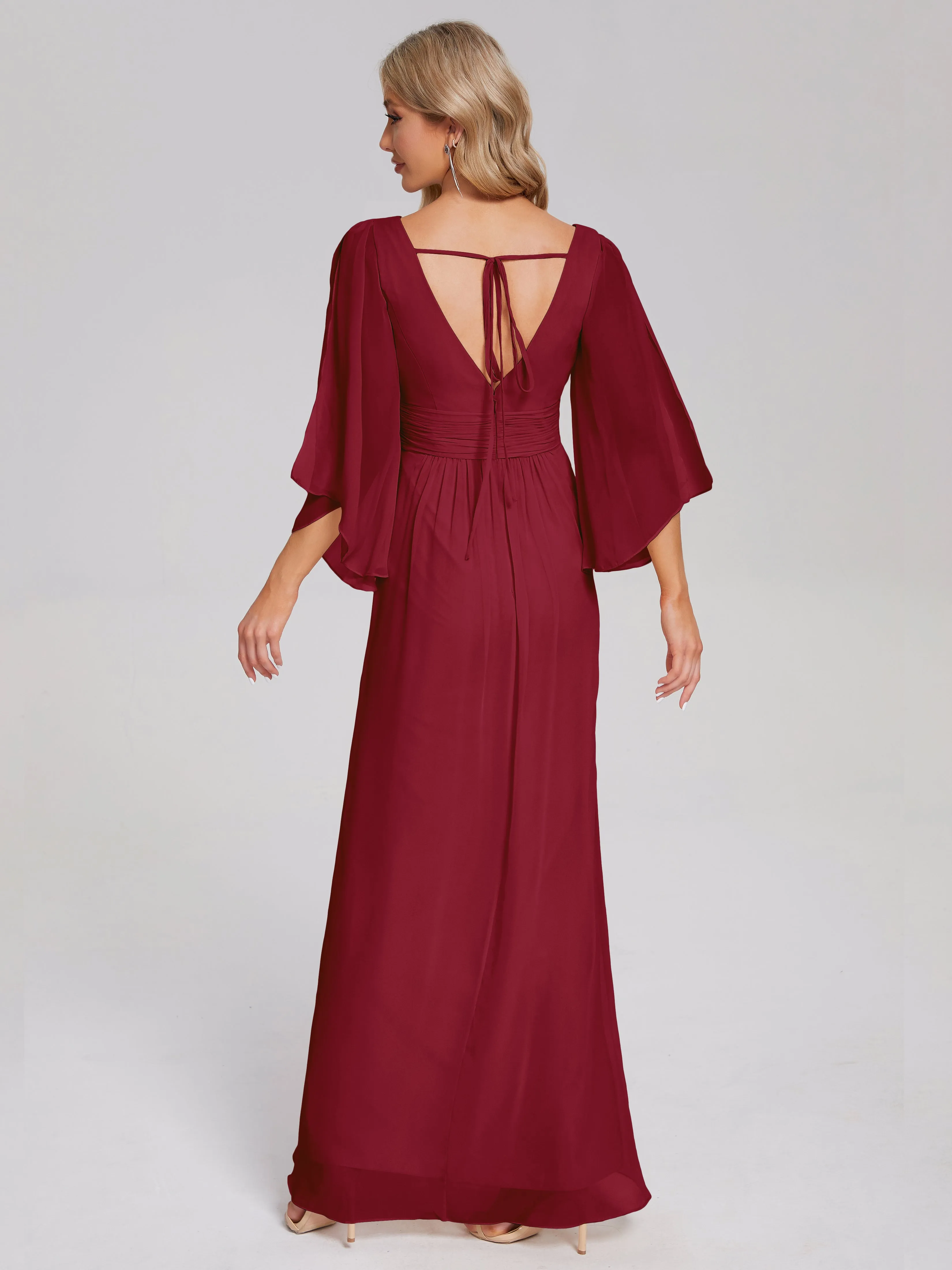 V-Neck Half Sleeve Slit Chiffon Bridesmaid Dresses