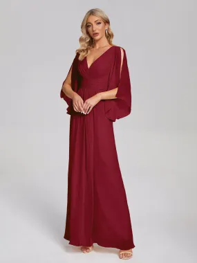 V-Neck Half Sleeve Slit Chiffon Bridesmaid Dresses