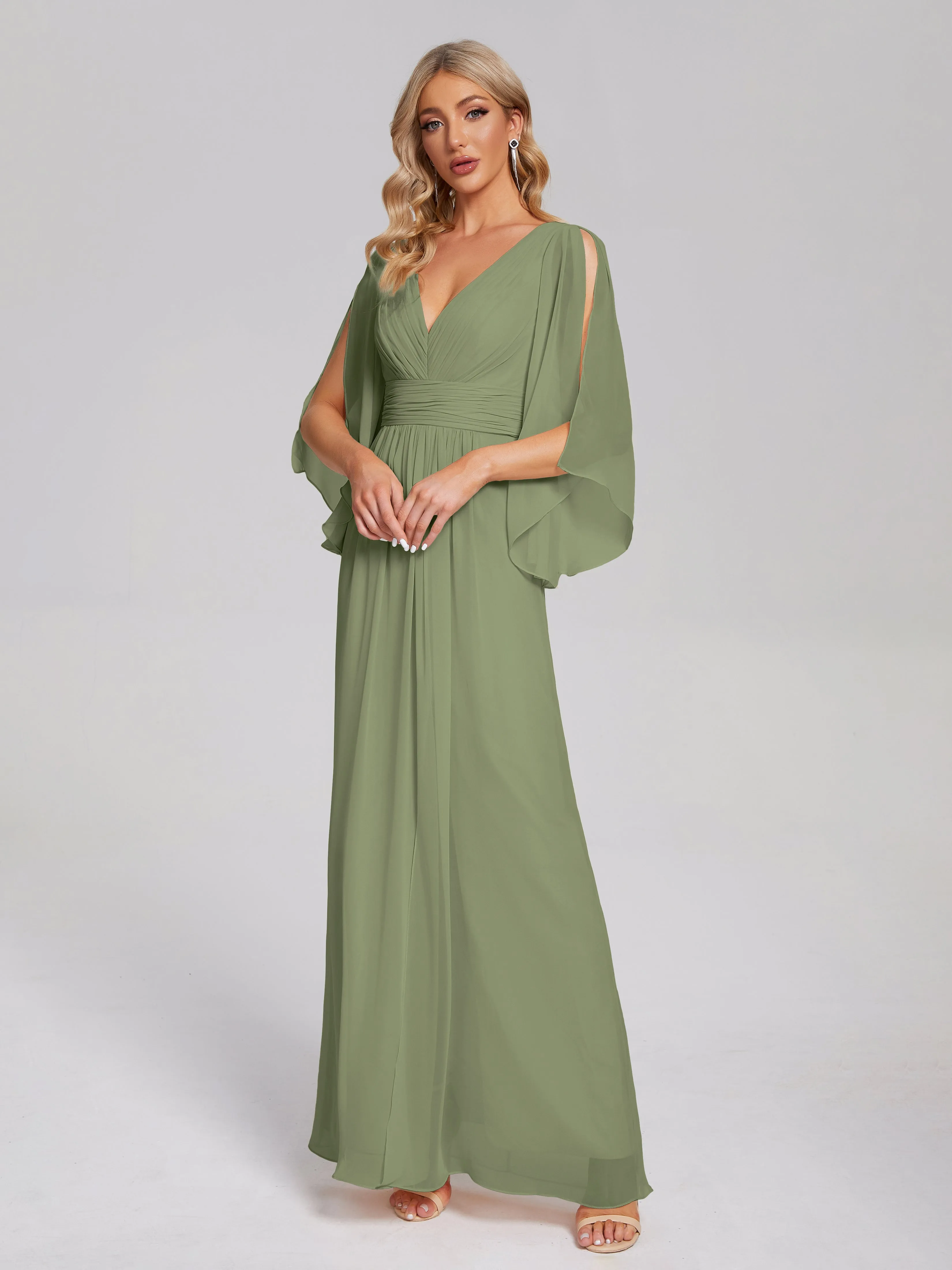 V-Neck Half Sleeve Slit Chiffon Bridesmaid Dresses