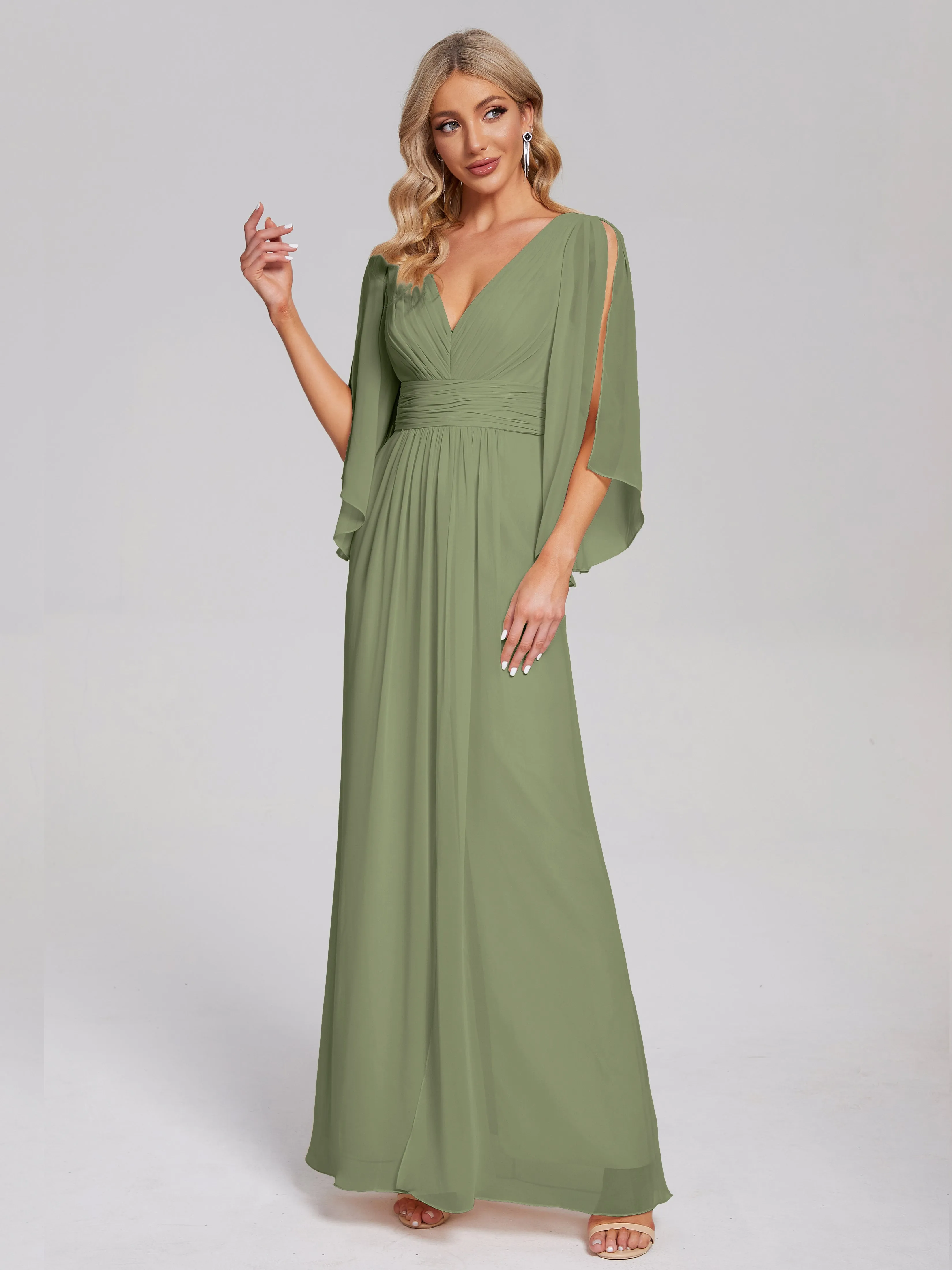 V-Neck Half Sleeve Slit Chiffon Bridesmaid Dresses