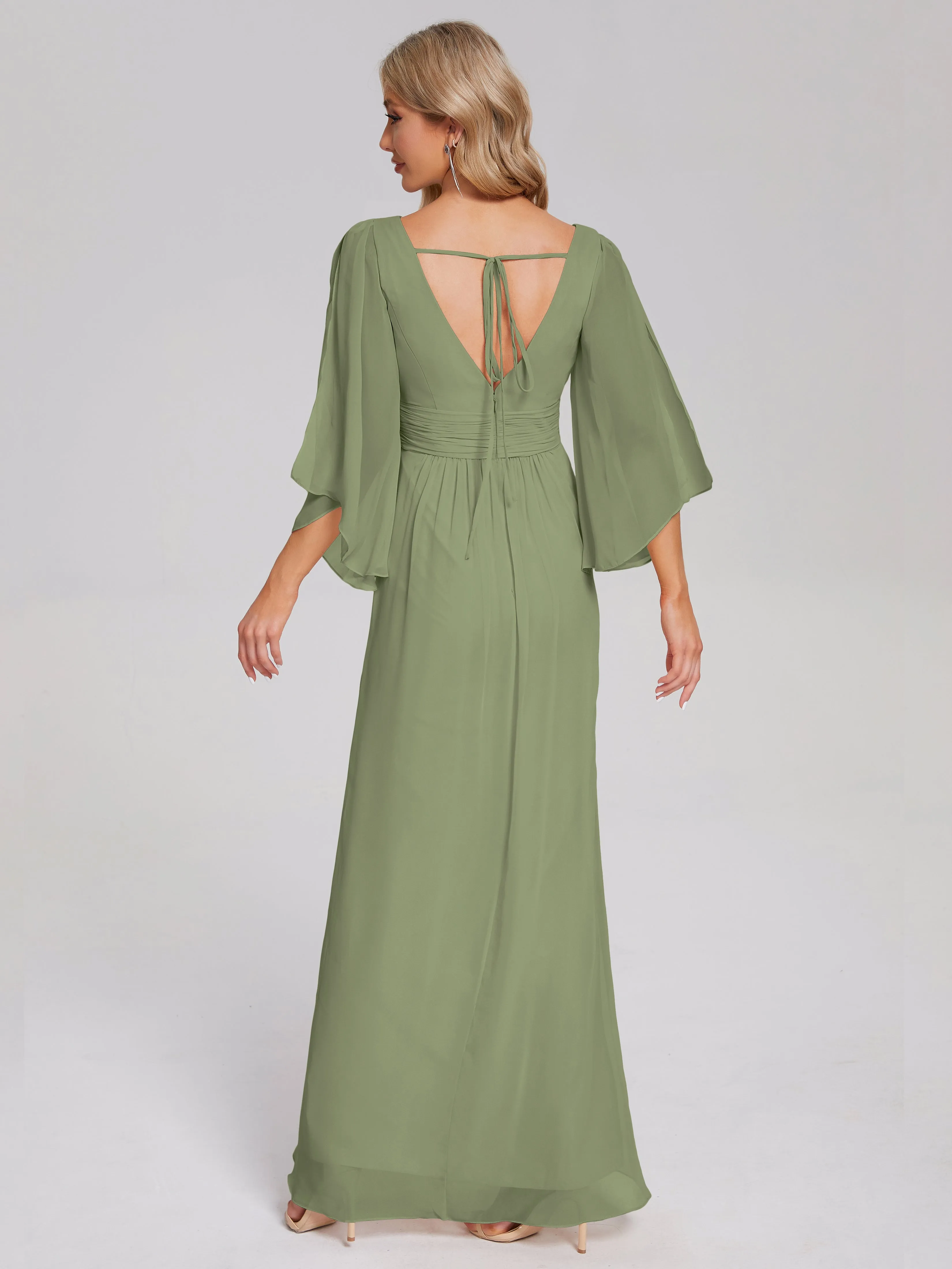 V-Neck Half Sleeve Slit Chiffon Bridesmaid Dresses