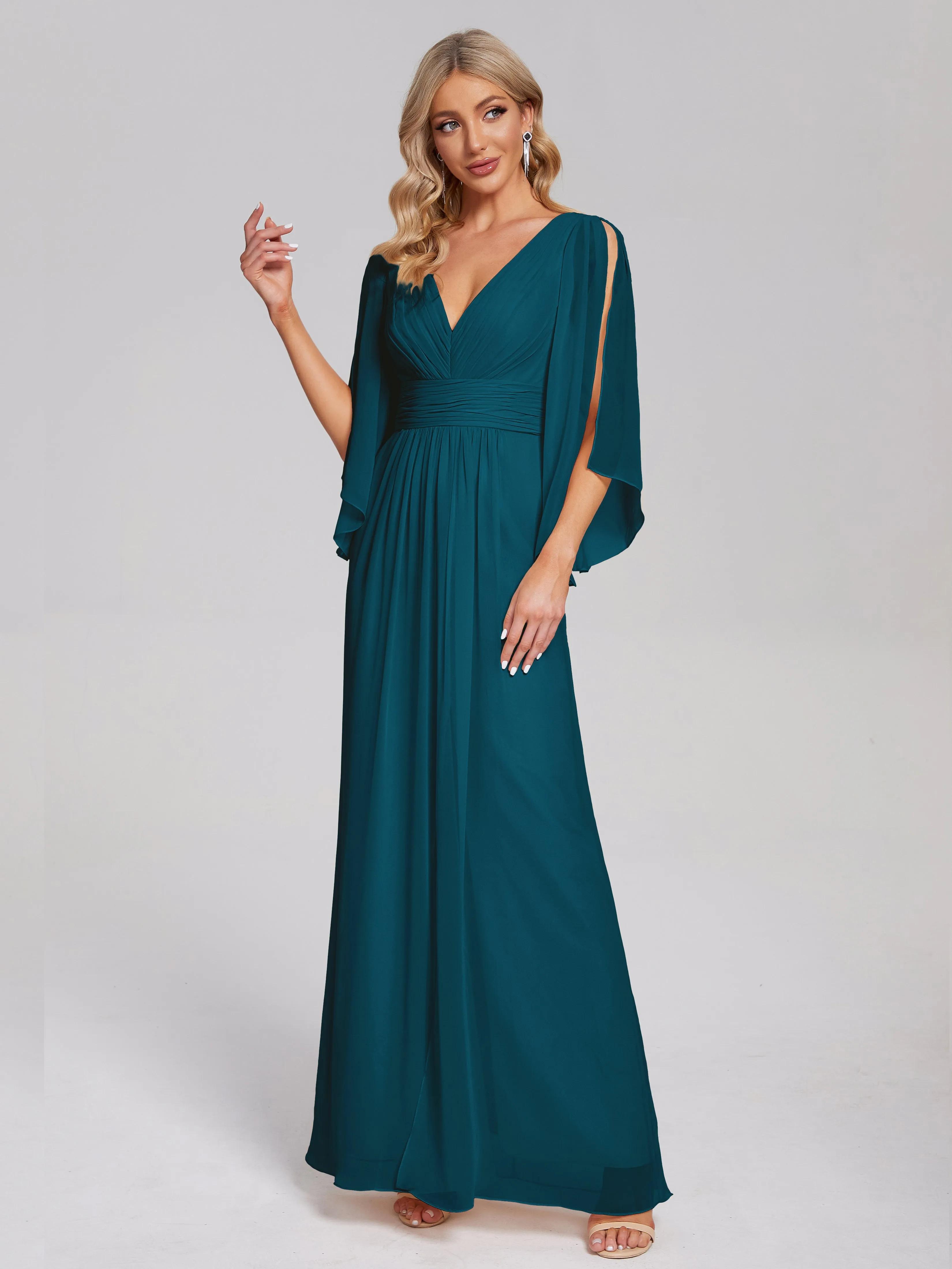 V-Neck Half Sleeve Slit Chiffon Bridesmaid Dresses