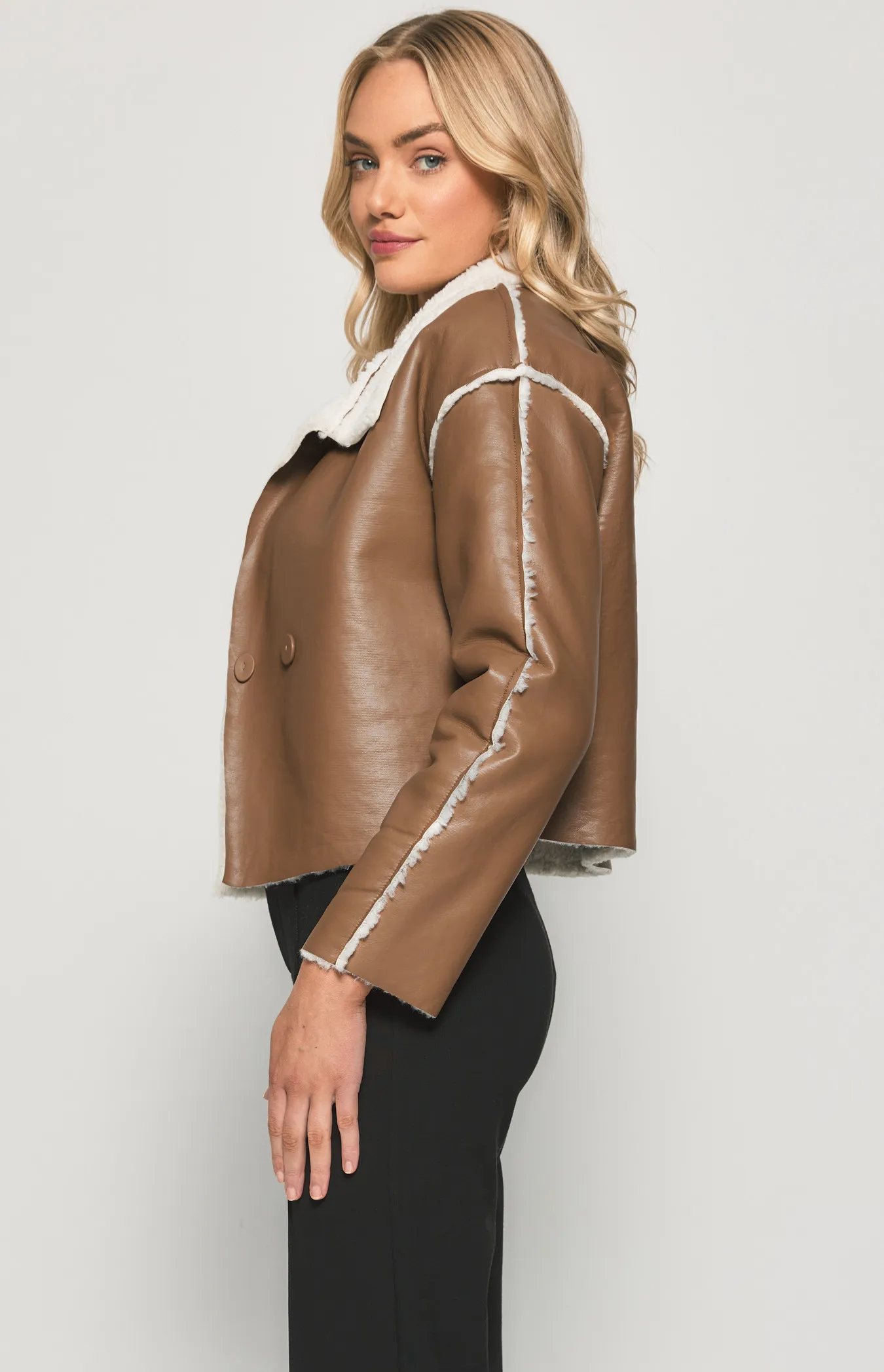 SJT376B Faux Leather Jacket with Exposed Faux Fur Seams