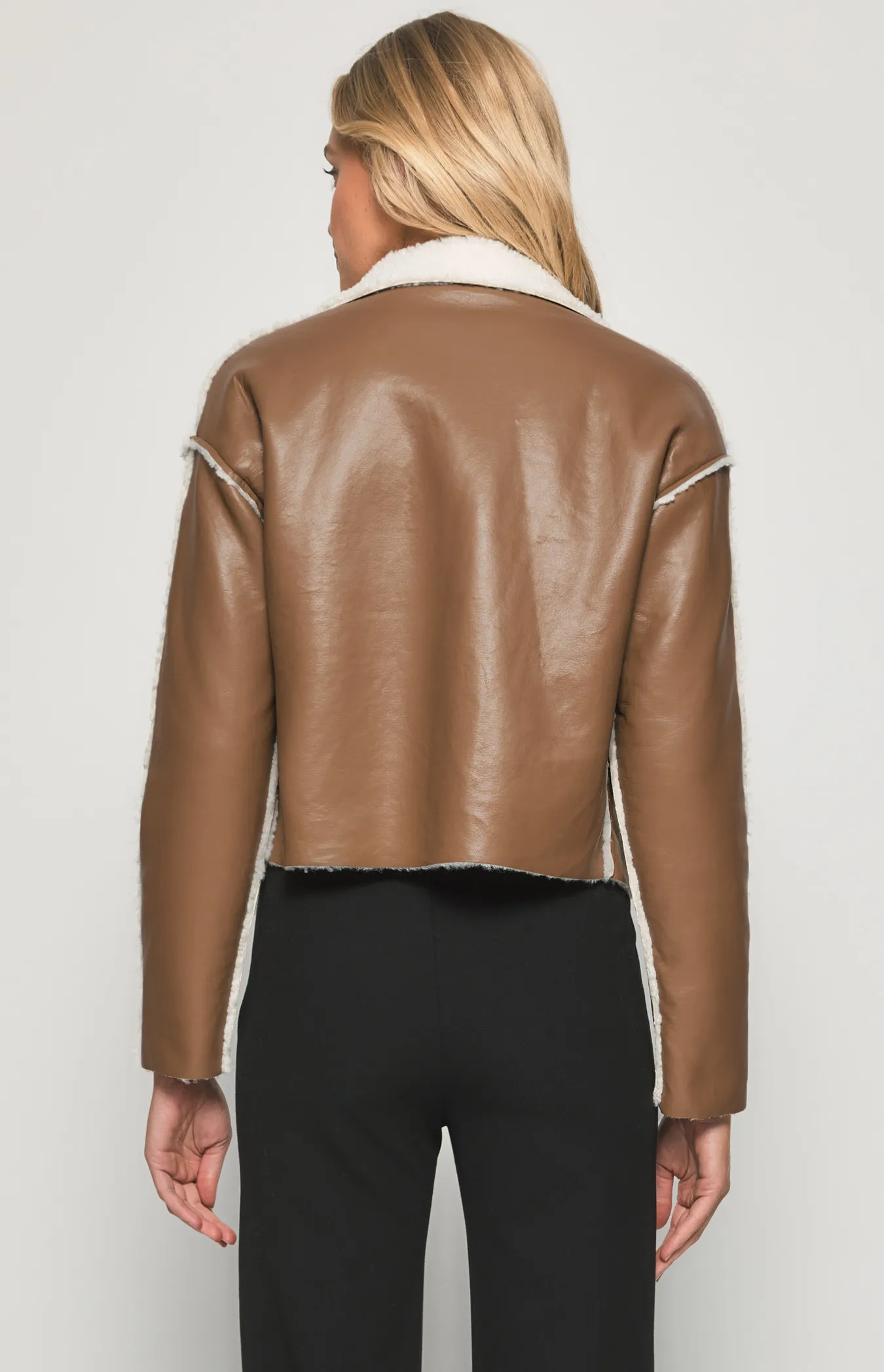 SJT376B Faux Leather Jacket with Exposed Faux Fur Seams