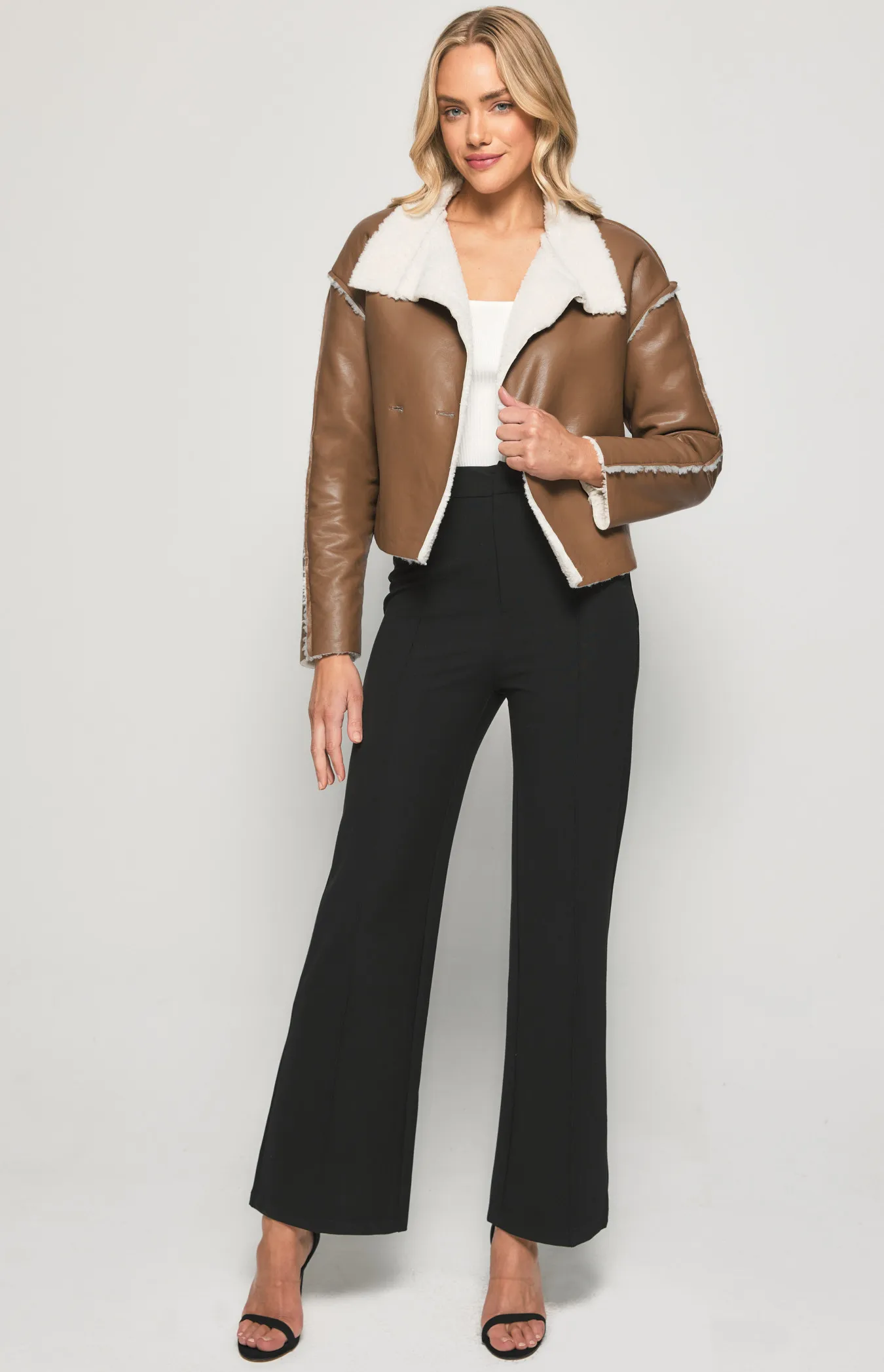 SJT376B Faux Leather Jacket with Exposed Faux Fur Seams