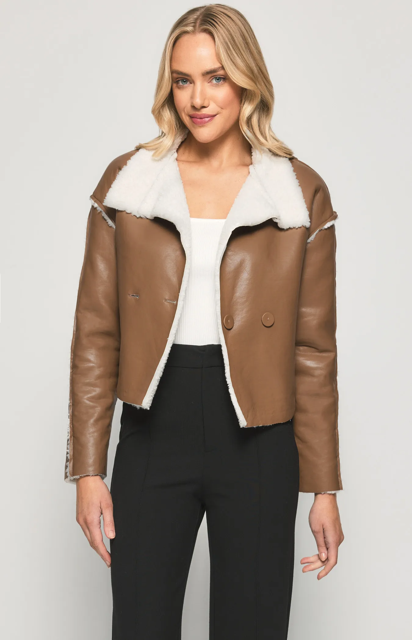 SJT376B Faux Leather Jacket with Exposed Faux Fur Seams