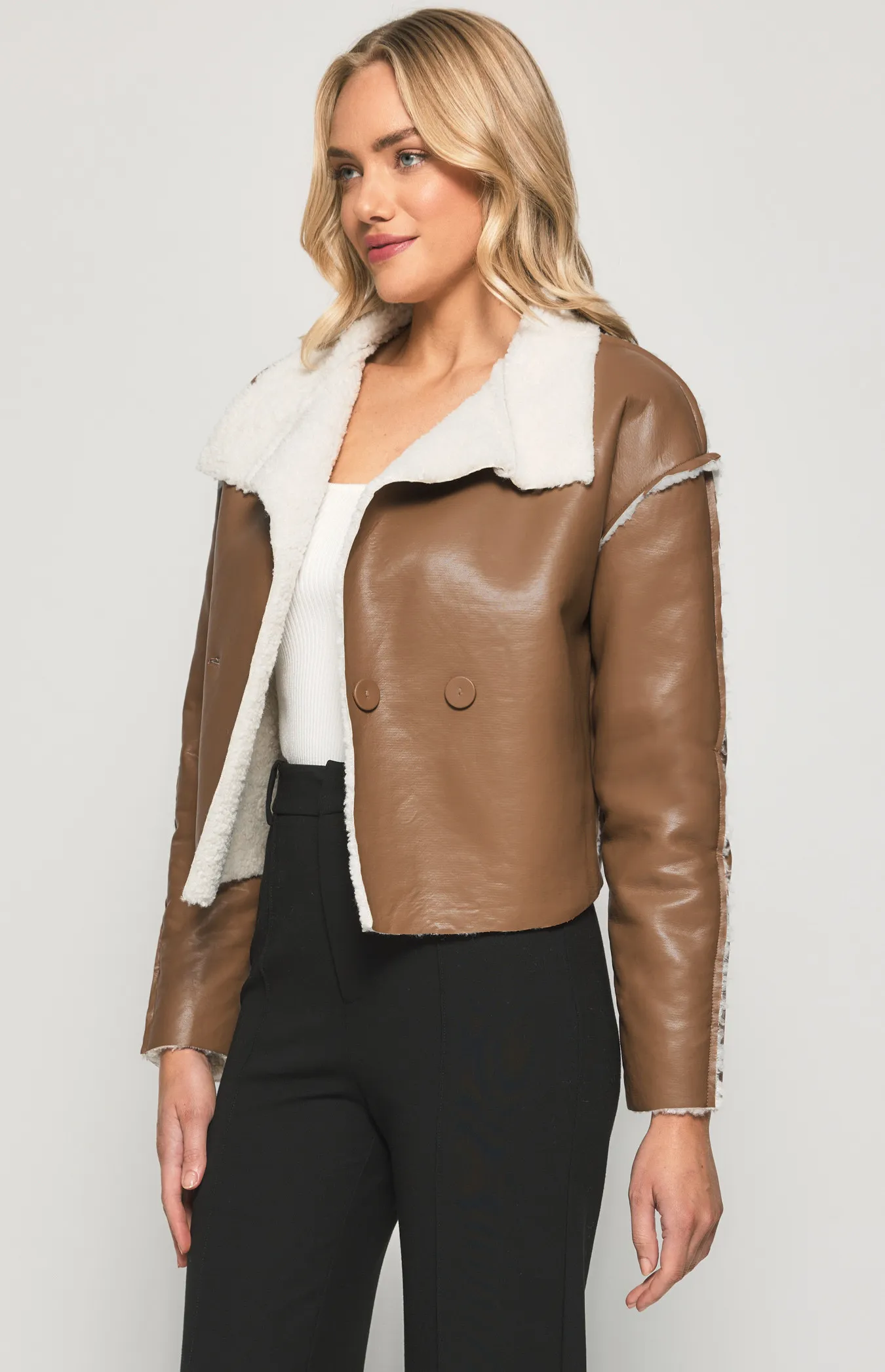 SJT376B Faux Leather Jacket with Exposed Faux Fur Seams