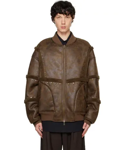 Feng Chen Wang Brown Faux-Leather Jacket with Stud Embellishments