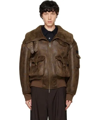 Feng Chen Wang Brown Faux-Leather Jacket with Zipper Detailing