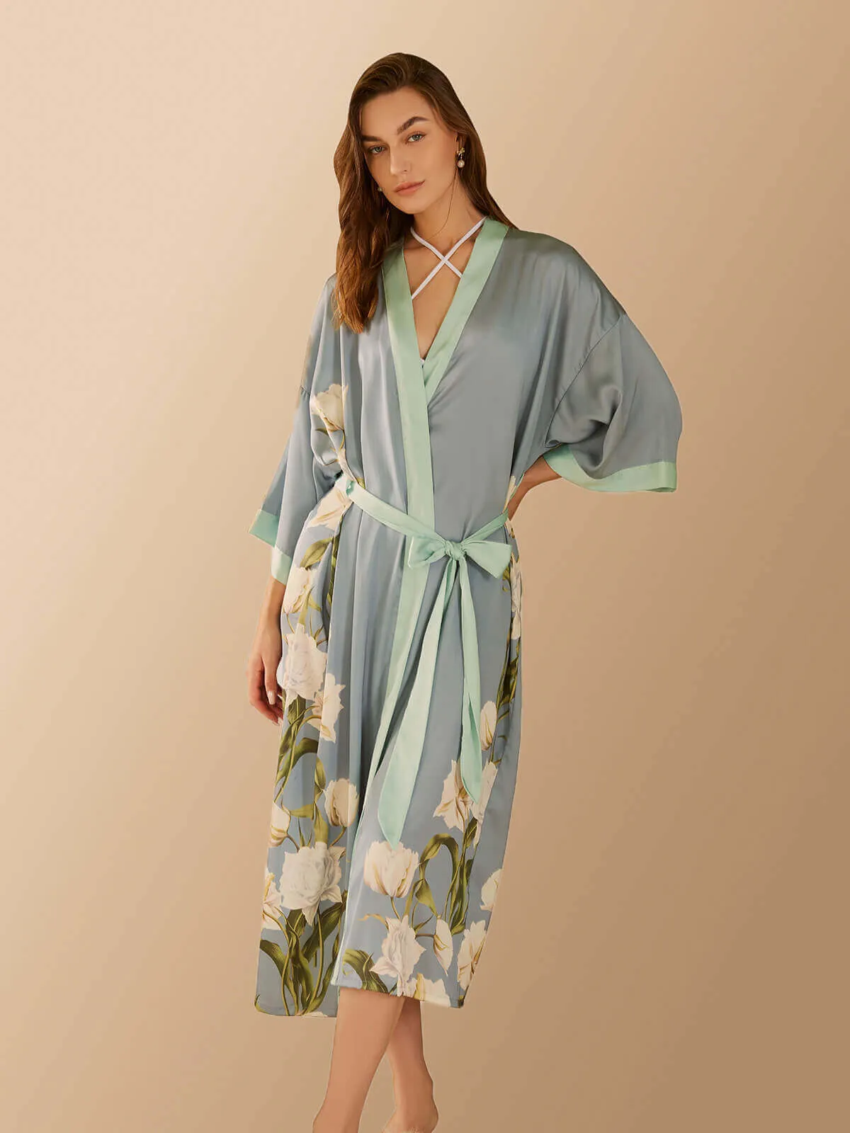 Floral Kimono Robe with Peony Pattern