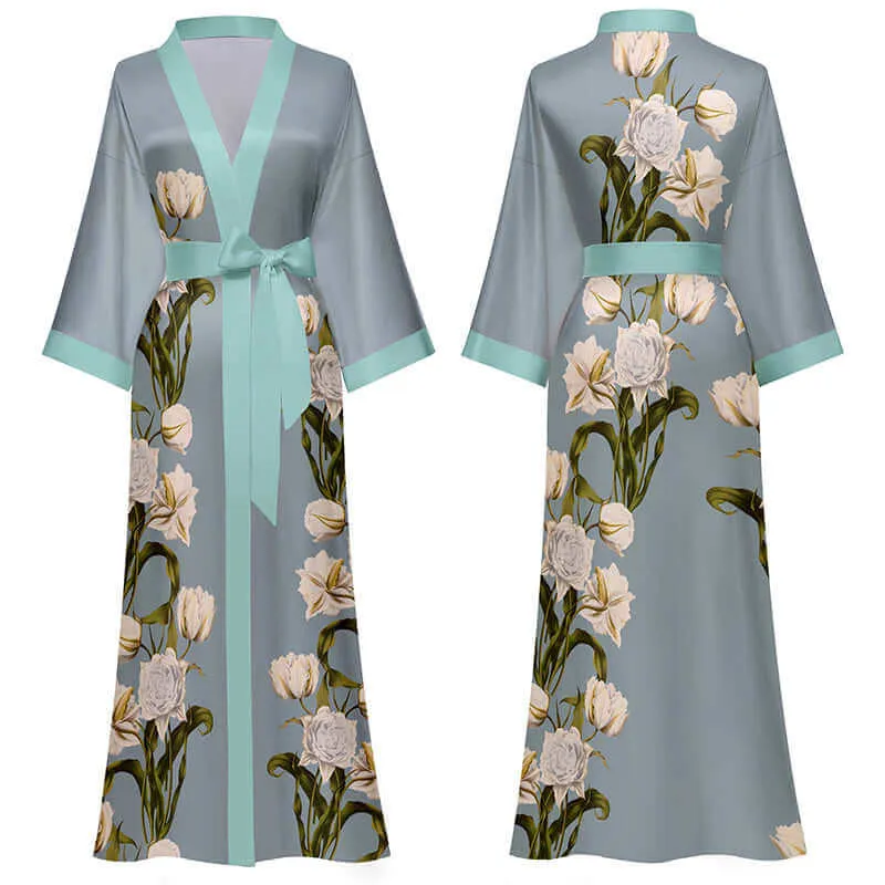 Floral Kimono Robe with Peony Pattern