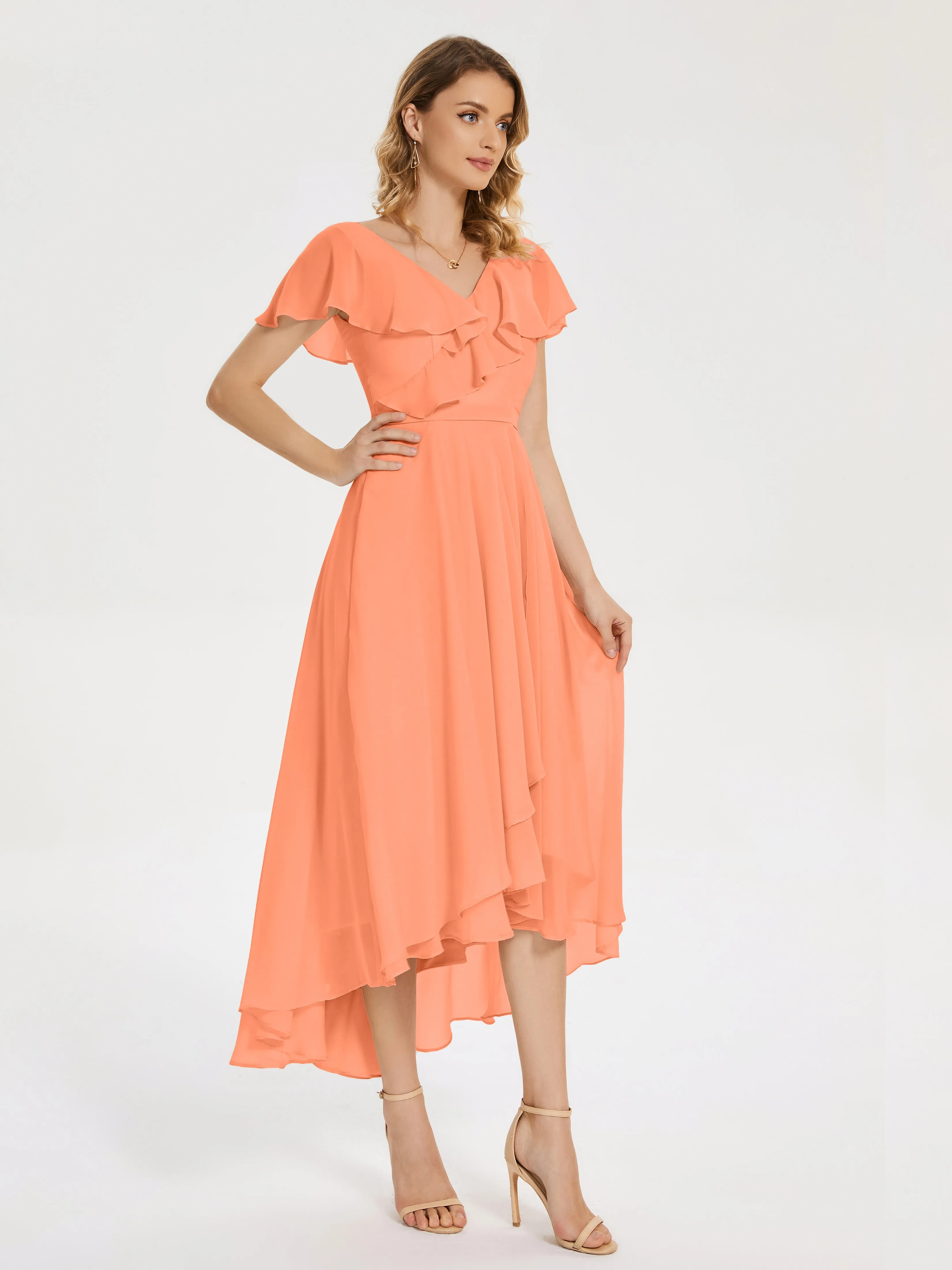 V-Neck Asymmetrical Ruffled Bridesmaid Dresses