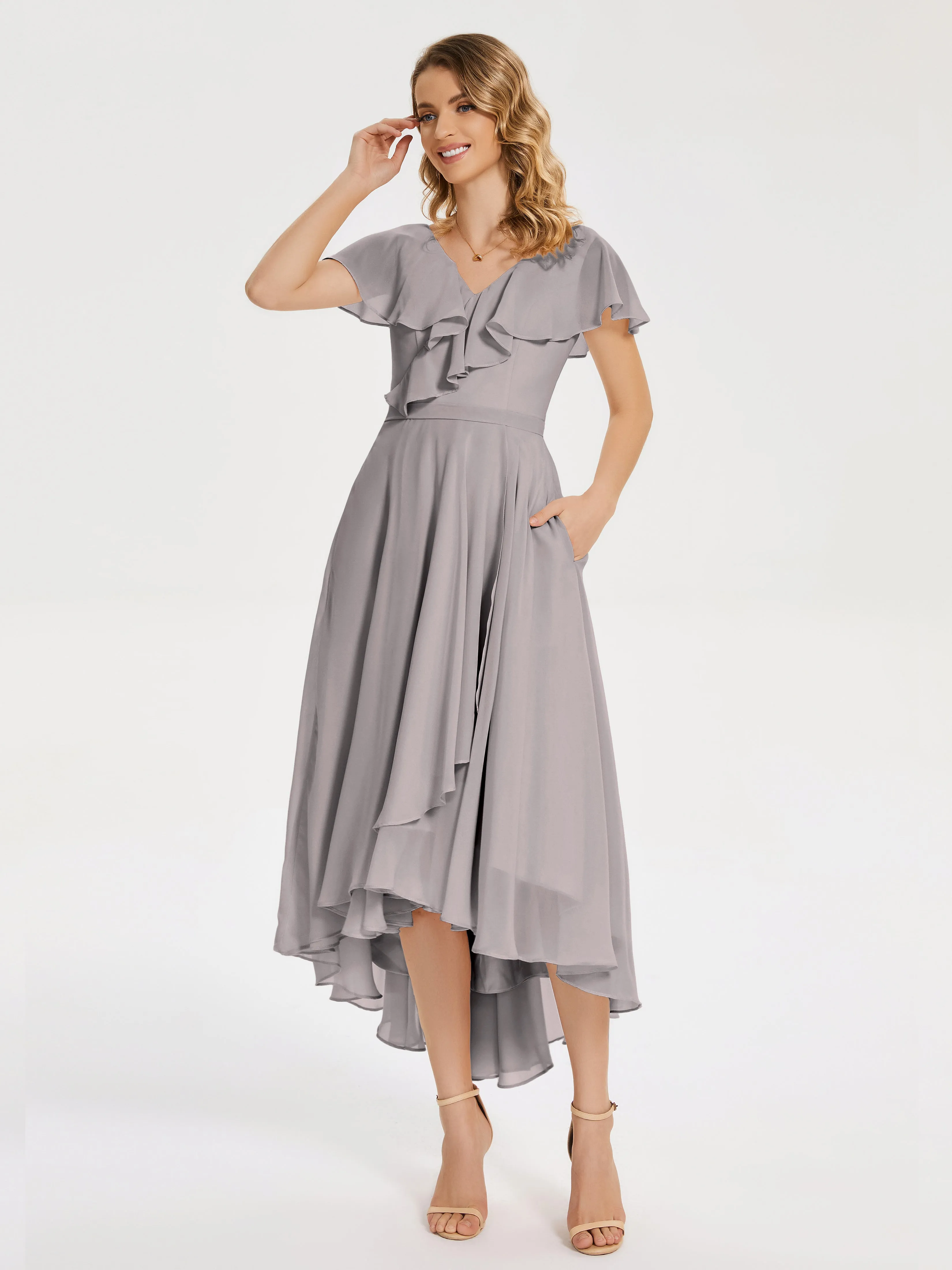 V-Neck Asymmetrical Ruffled Bridesmaid Dresses