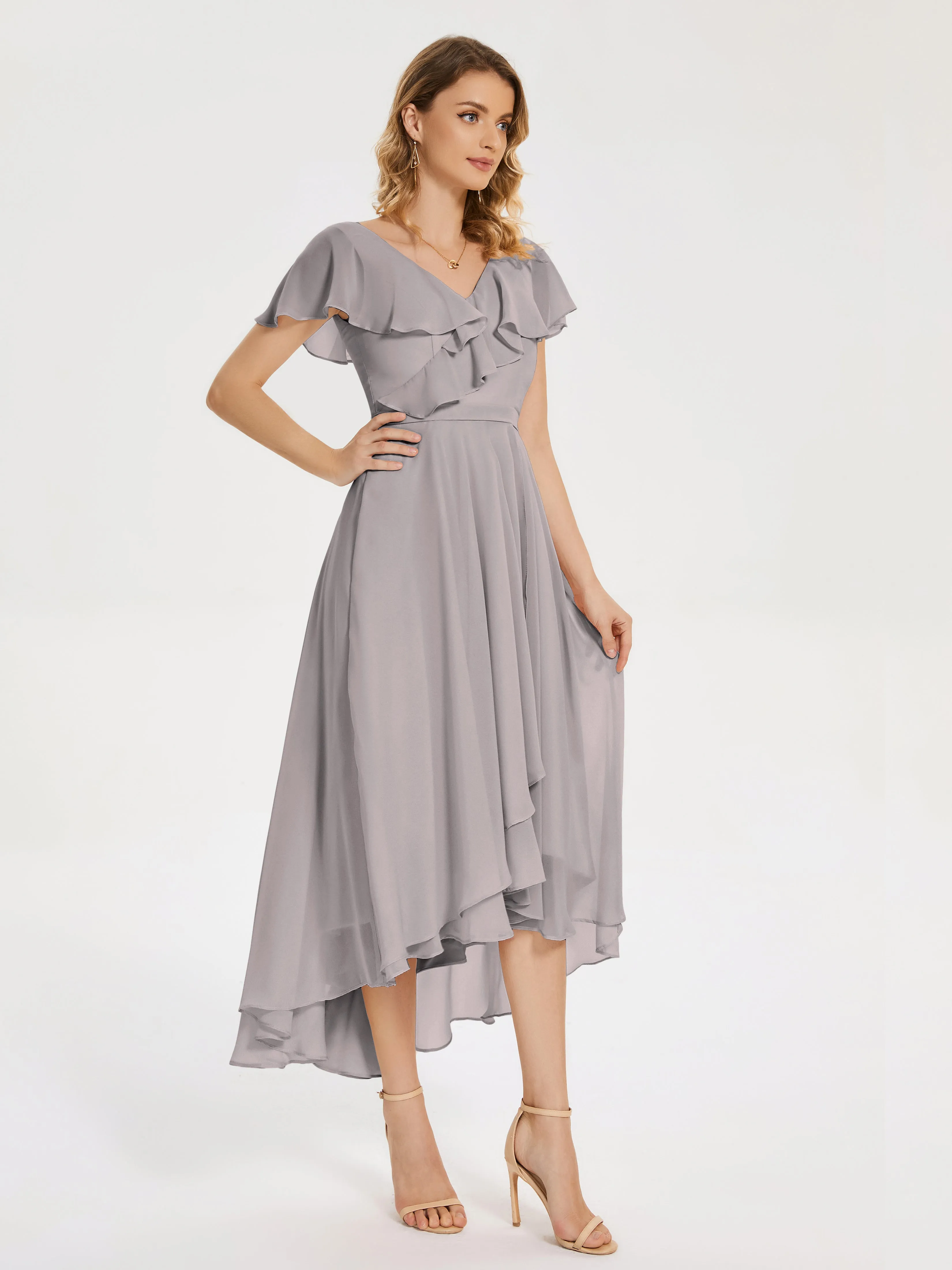 V-Neck Asymmetrical Ruffled Bridesmaid Dresses