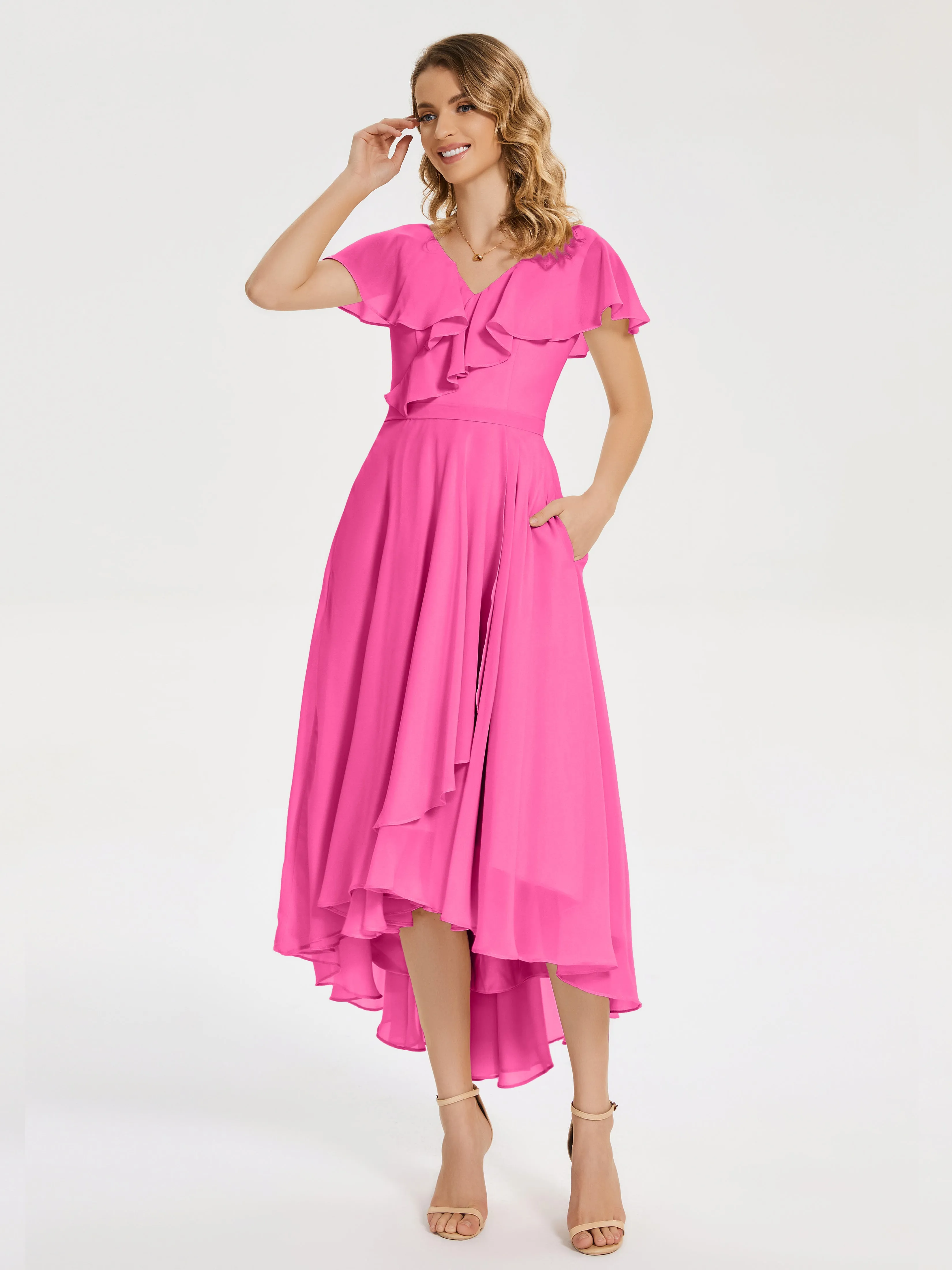 V-Neck Asymmetrical Ruffled Bridesmaid Dresses