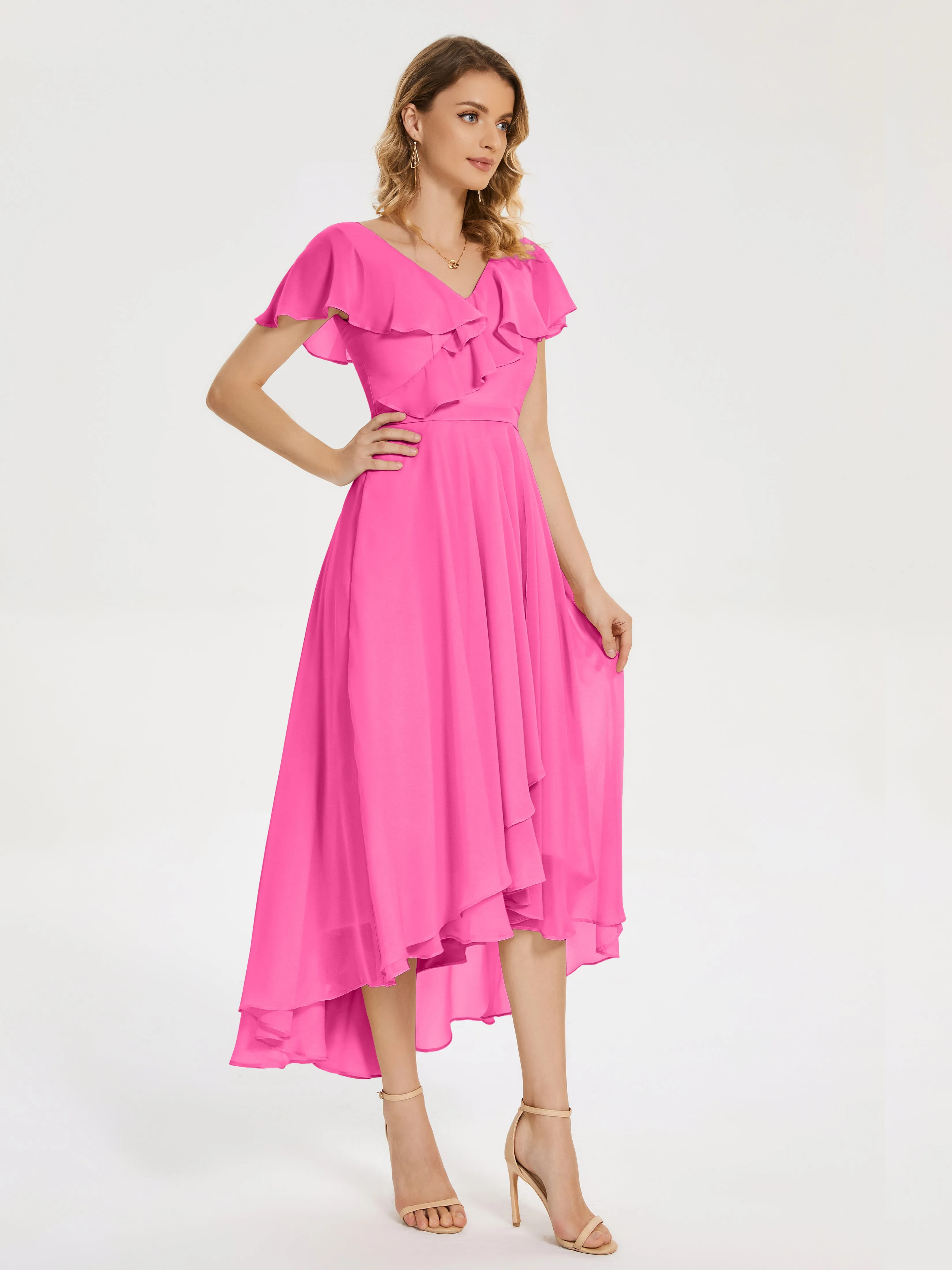 V-Neck Asymmetrical Ruffled Bridesmaid Dresses