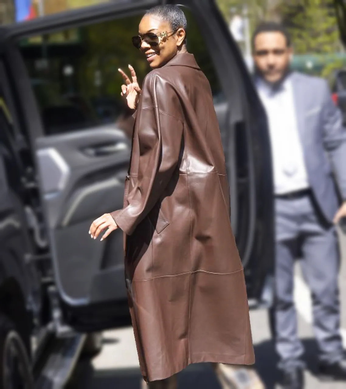 Gabrielle Union Brown Leather Overcoat