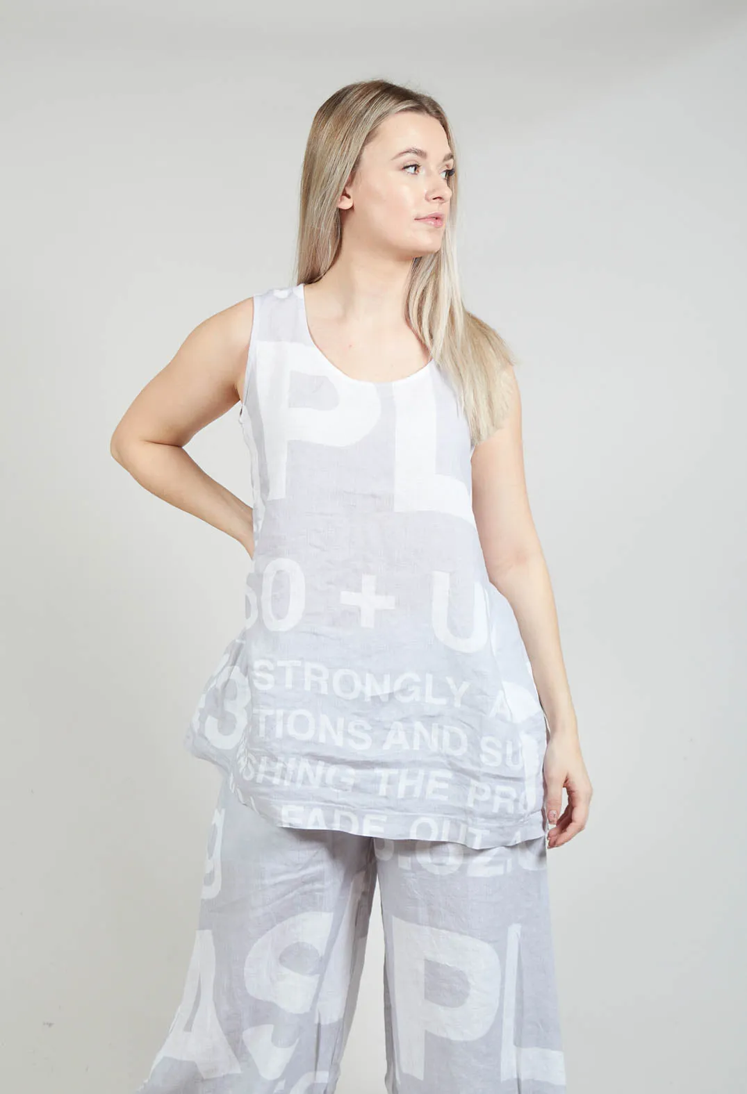 Grey Print Linen Vest Top