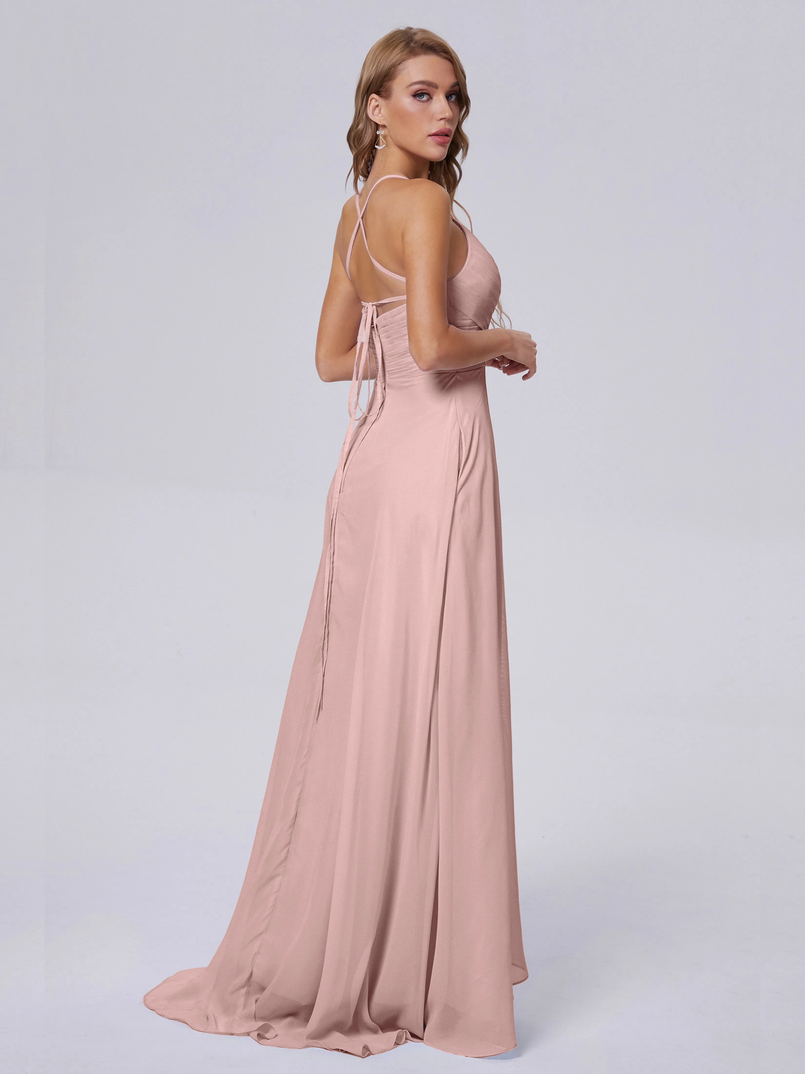 Dusty Rose Spaghetti Strap Slit Chiffon Bridesmaid Dresses