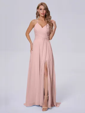 Dusty Rose Spaghetti Strap Slit Chiffon Bridesmaid Dresses