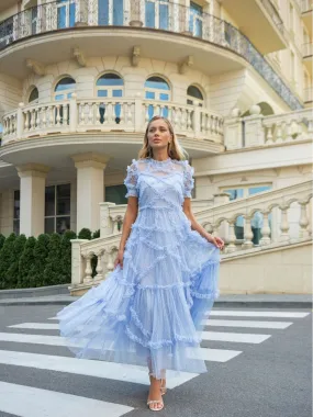 Wedding Guest Ankle-length High Neck Ruffle A-line Blue Dresses