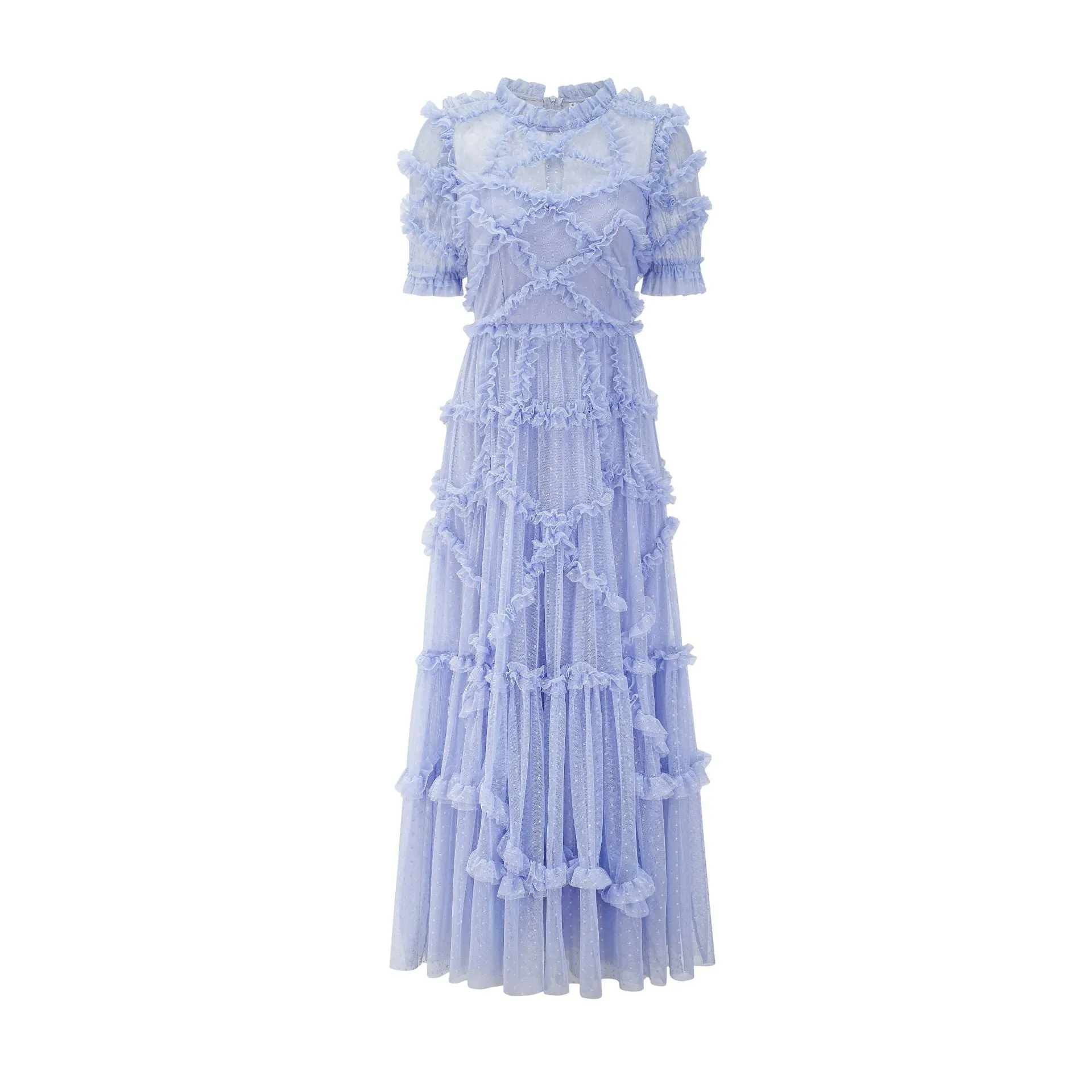 Wedding Guest Ankle-length High Neck Ruffle A-line Blue Dresses