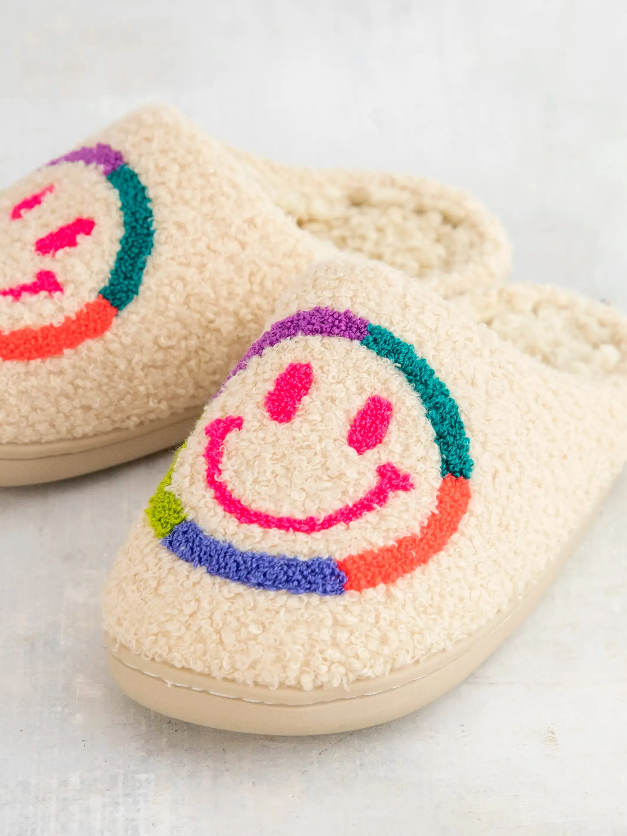 Icon Sherpa Slippers Neon Smiley Face