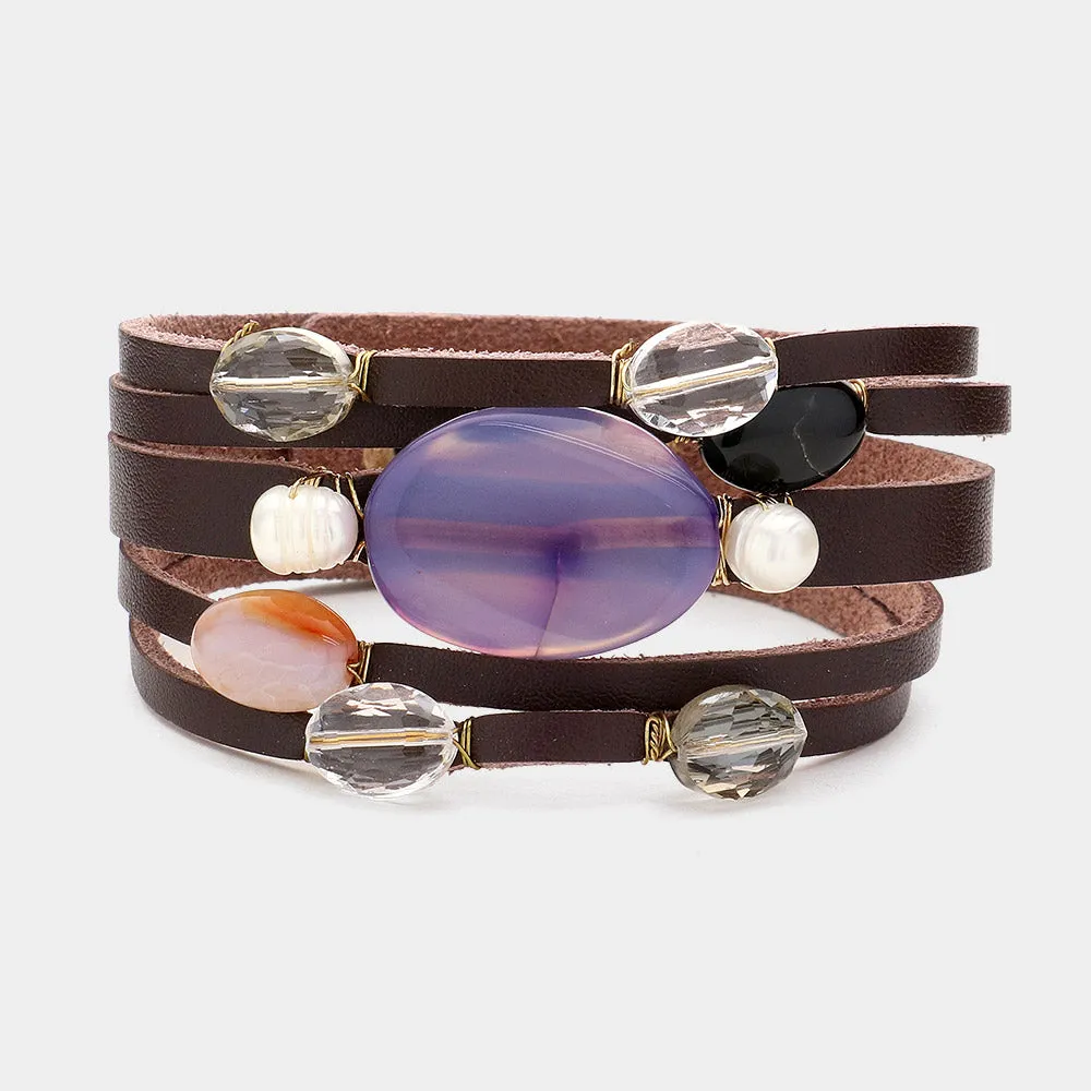 iLLASPARKZ Faux Leather Semi-Precious Agate Stone Glass Stone Freshwater Pearl Pointed Snap Bracelet