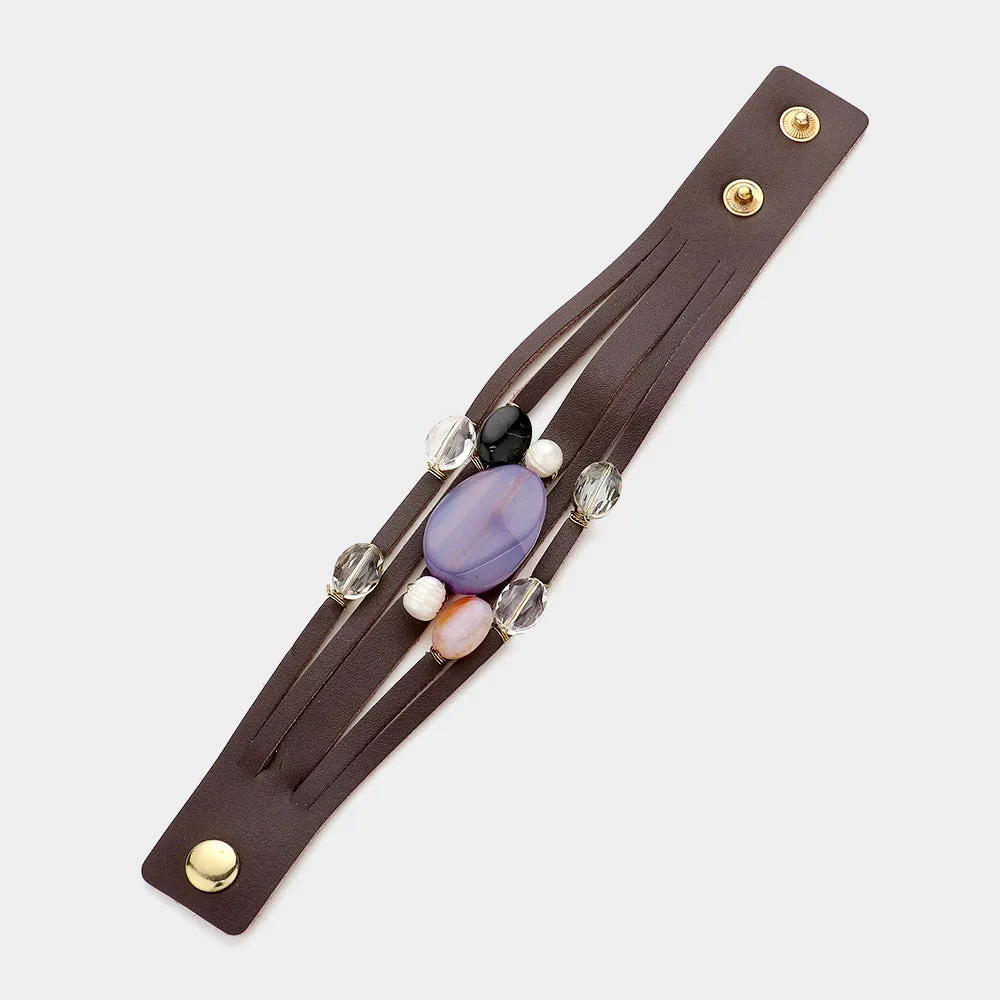 iLLASPARKZ Faux Leather Semi-Precious Agate Stone Glass Stone Freshwater Pearl Pointed Snap Bracelet