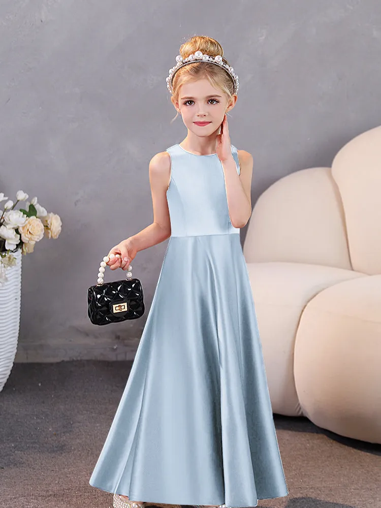 Round Neck Pleated Satin Junior Bridesmaid Dresses Sleeveless