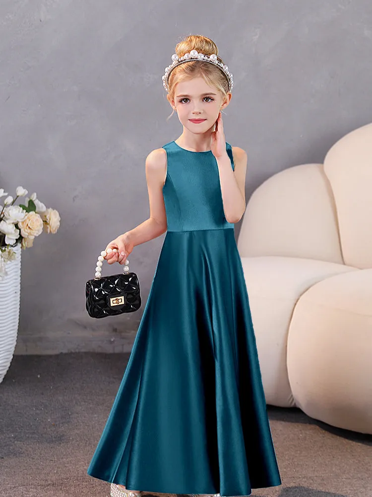 Round Neck Pleated Satin Junior Bridesmaid Dresses Sleeveless