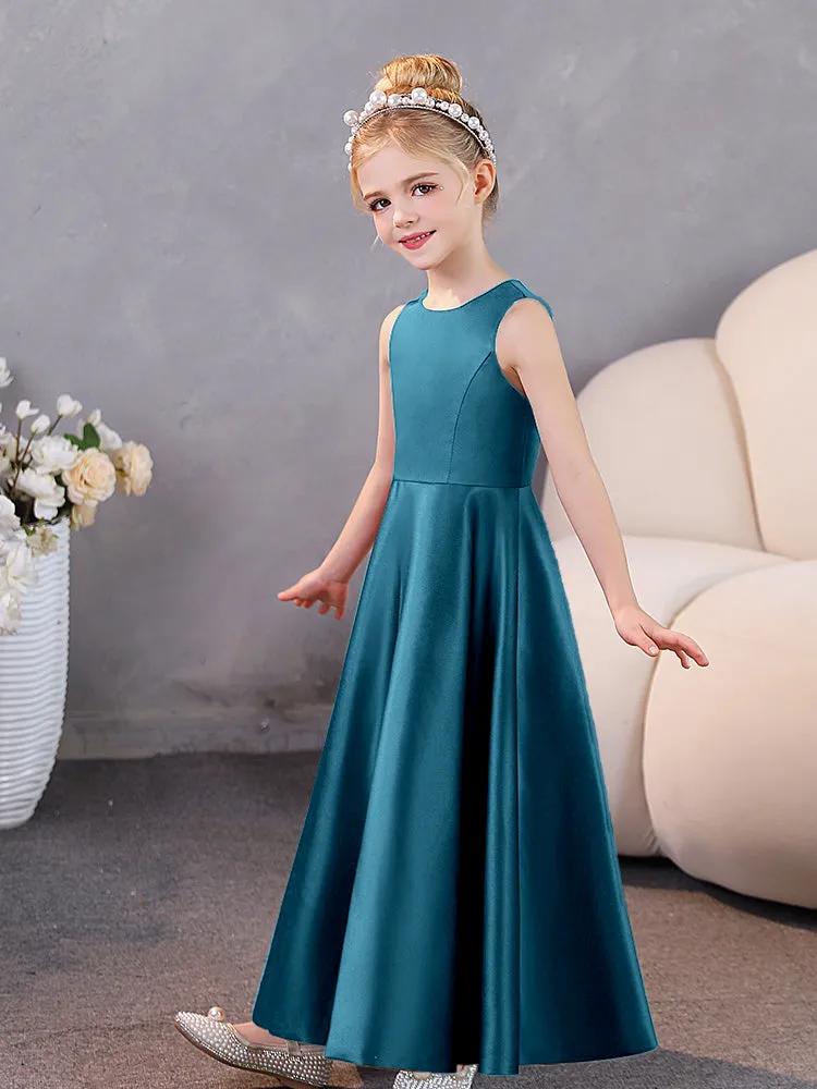 Round Neck Pleated Satin Junior Bridesmaid Dresses Sleeveless