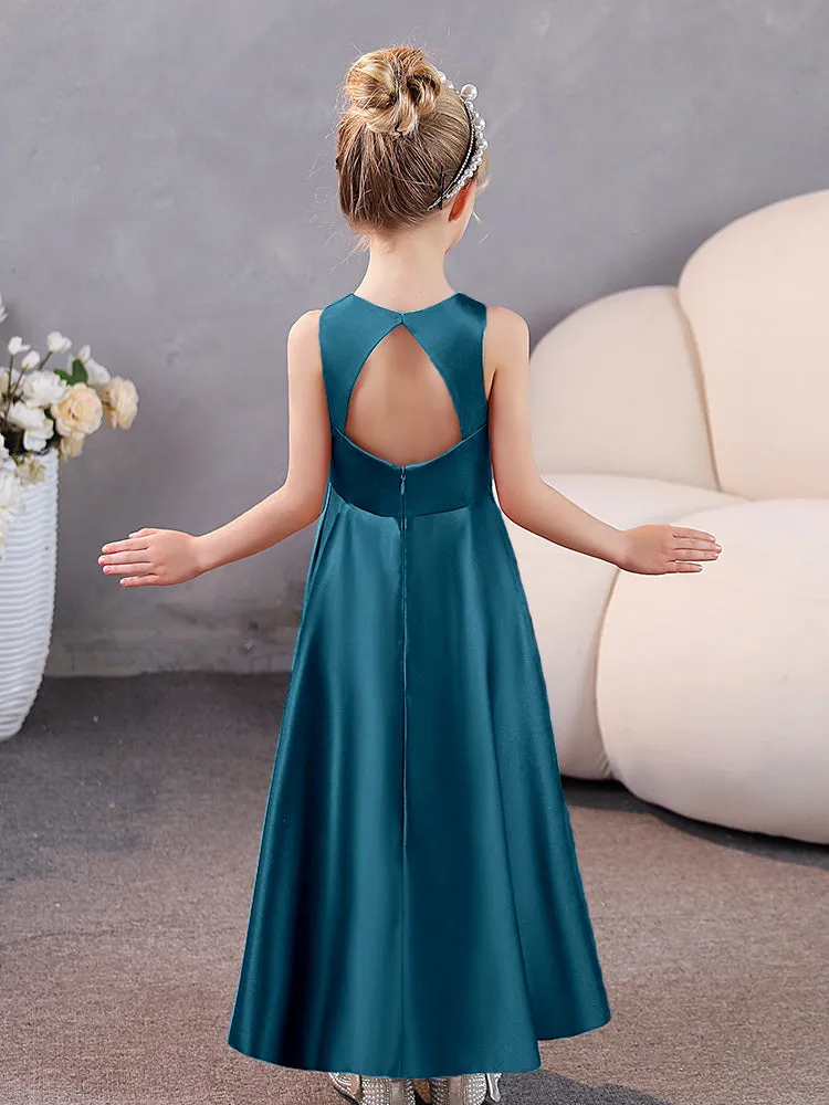 Round Neck Pleated Satin Junior Bridesmaid Dresses Sleeveless